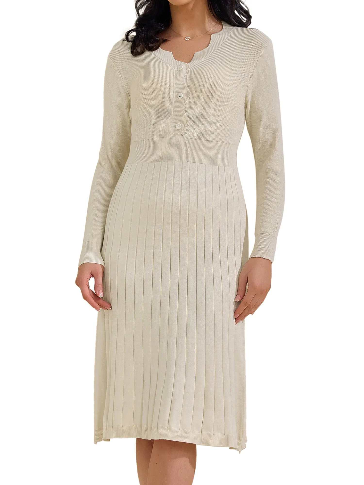 Long Sleeve V Neck Midi Ribbed Knit Sweater Dress sold by Allegra K product image thumbnail 5