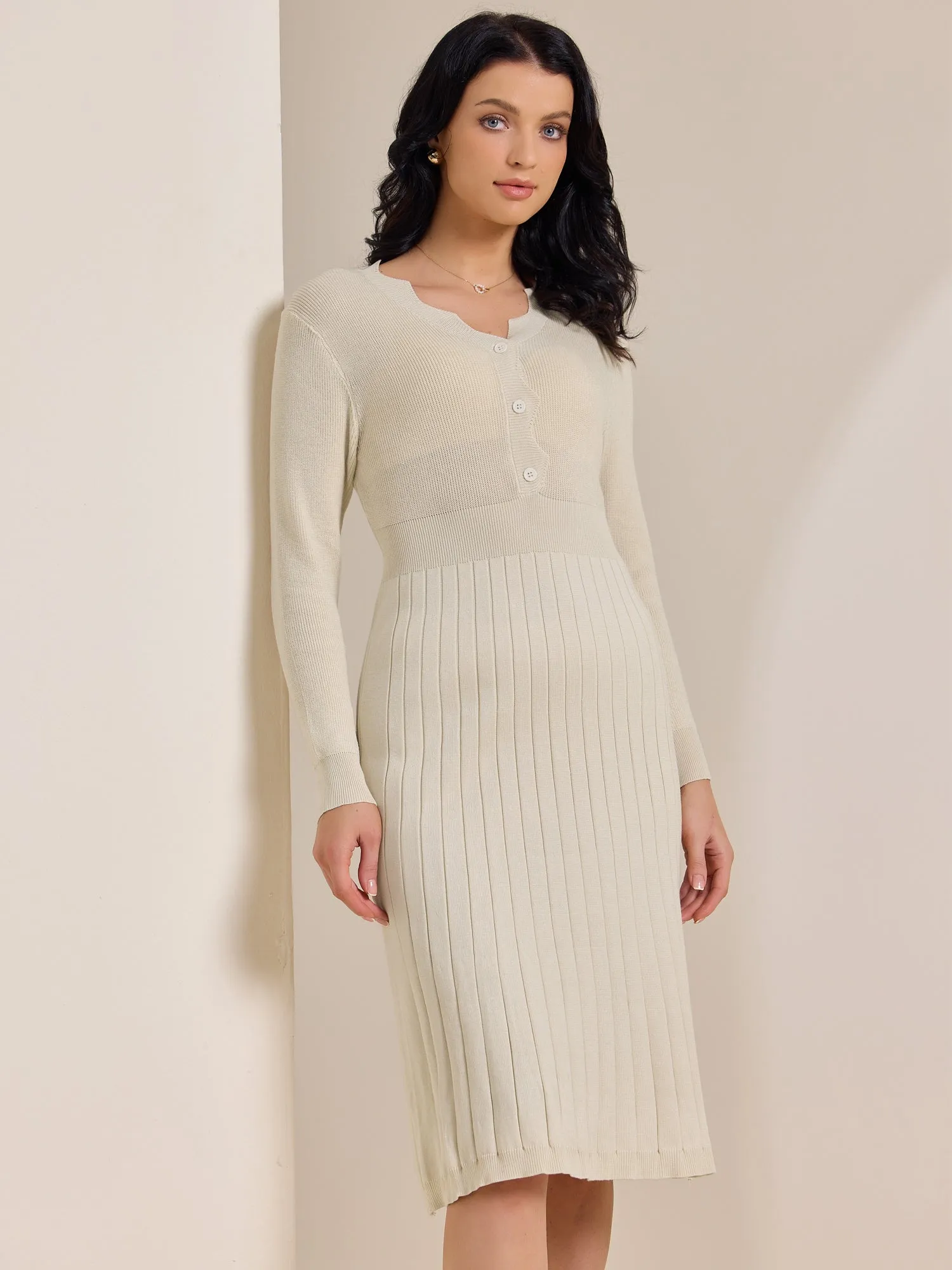 Long Sleeve V Neck Midi Ribbed Knit Sweater Dress sold by Allegra K