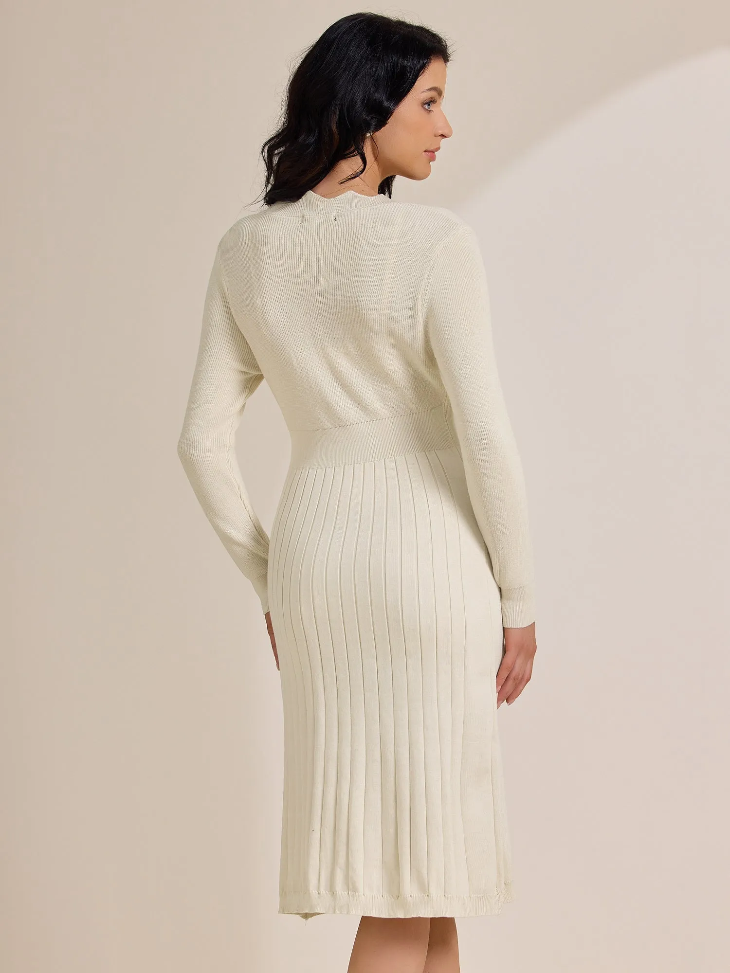 Long Sleeve V Neck Midi Ribbed Knit Sweater Dress sold by Allegra K product image thumbnail 2