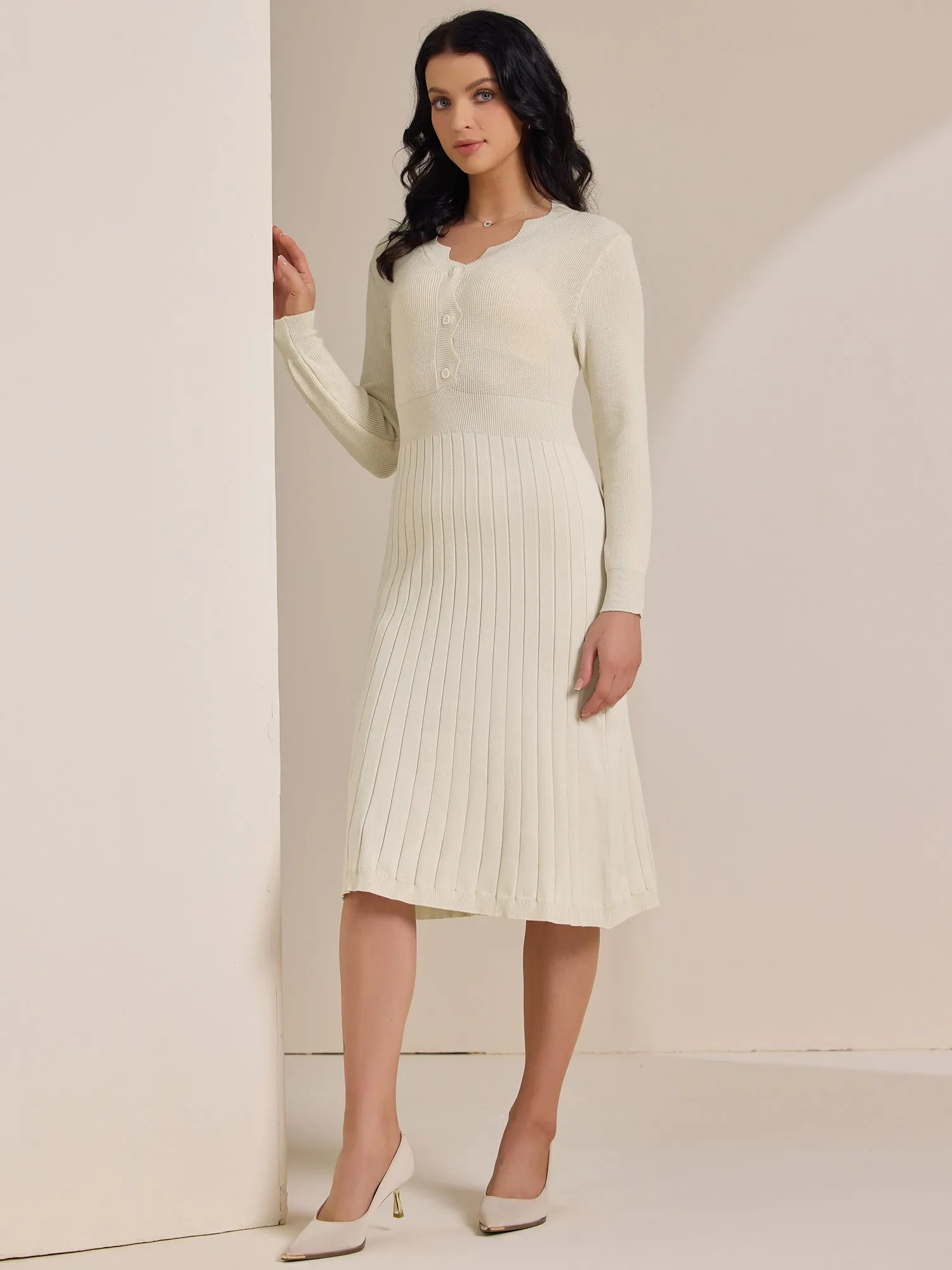 Long Sleeve V Neck Midi Ribbed Knit Sweater Dress sold by Allegra K product image thumbnail 3