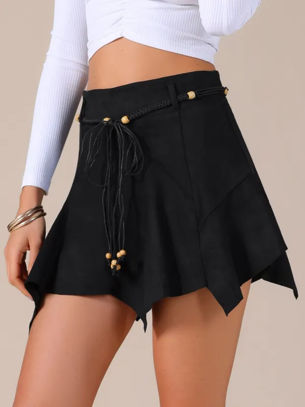 Faux Suede High Waist Cowgirl A-Line Asymmetrical Mini Skirt sold by Allegra K