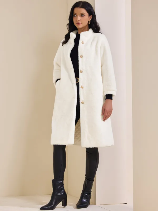 Faux Fur Single Breasted Long Sleeve Winter Fuzzy Overcoat sold by Allegra K