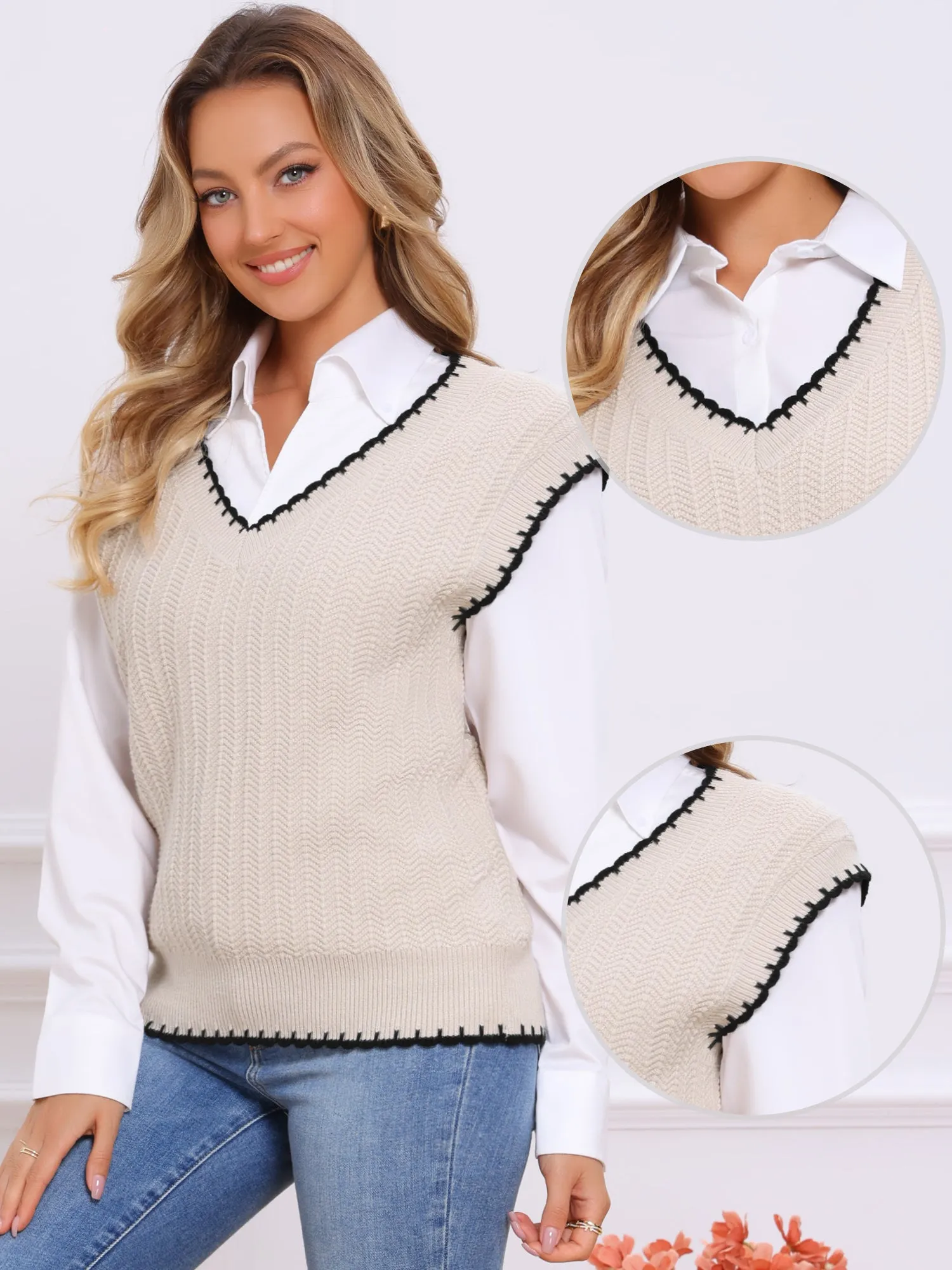 V Neck Preppy Style Lightweight Sleeveless Knit Pullover Sweater Vest sold by Allegra K