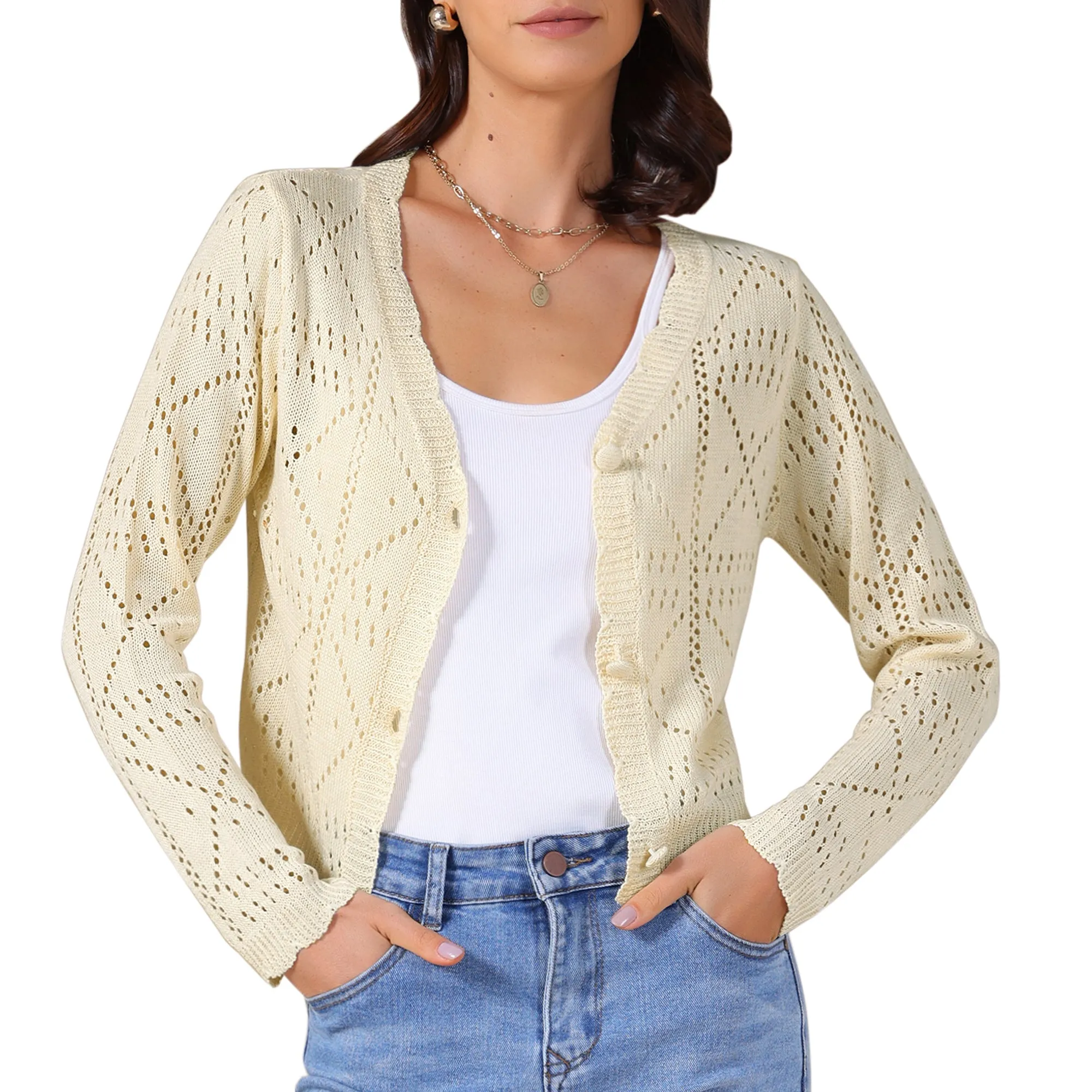Long Sleeve Collarless Cropped Button Down Knit Cardigan sold by Allegra K product image thumbnail 4