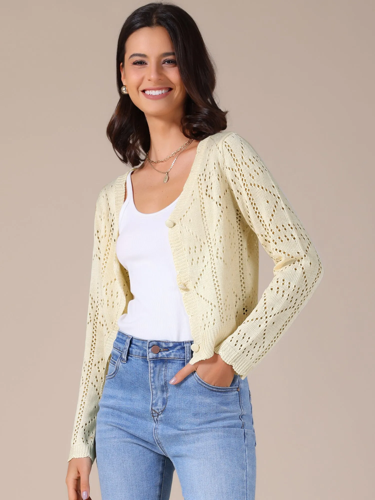 Long Sleeve Collarless Cropped Button Down Knit Cardigan sold by Allegra K