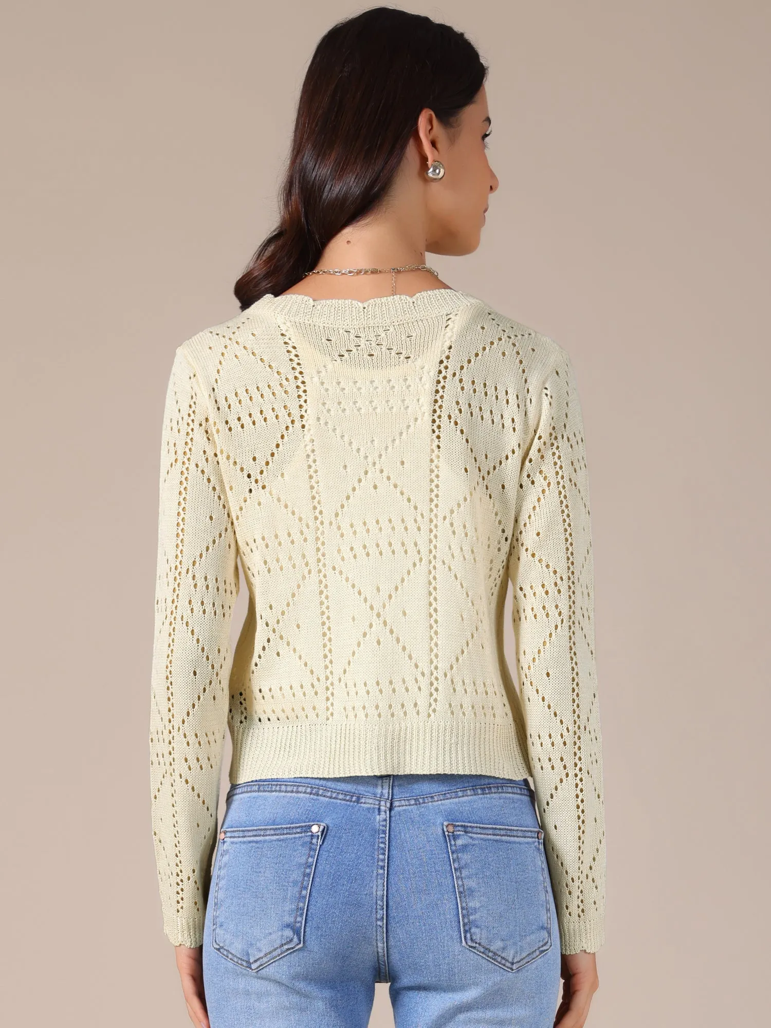 Long Sleeve Collarless Cropped Button Down Knit Cardigan sold by Allegra K product image thumbnail 3