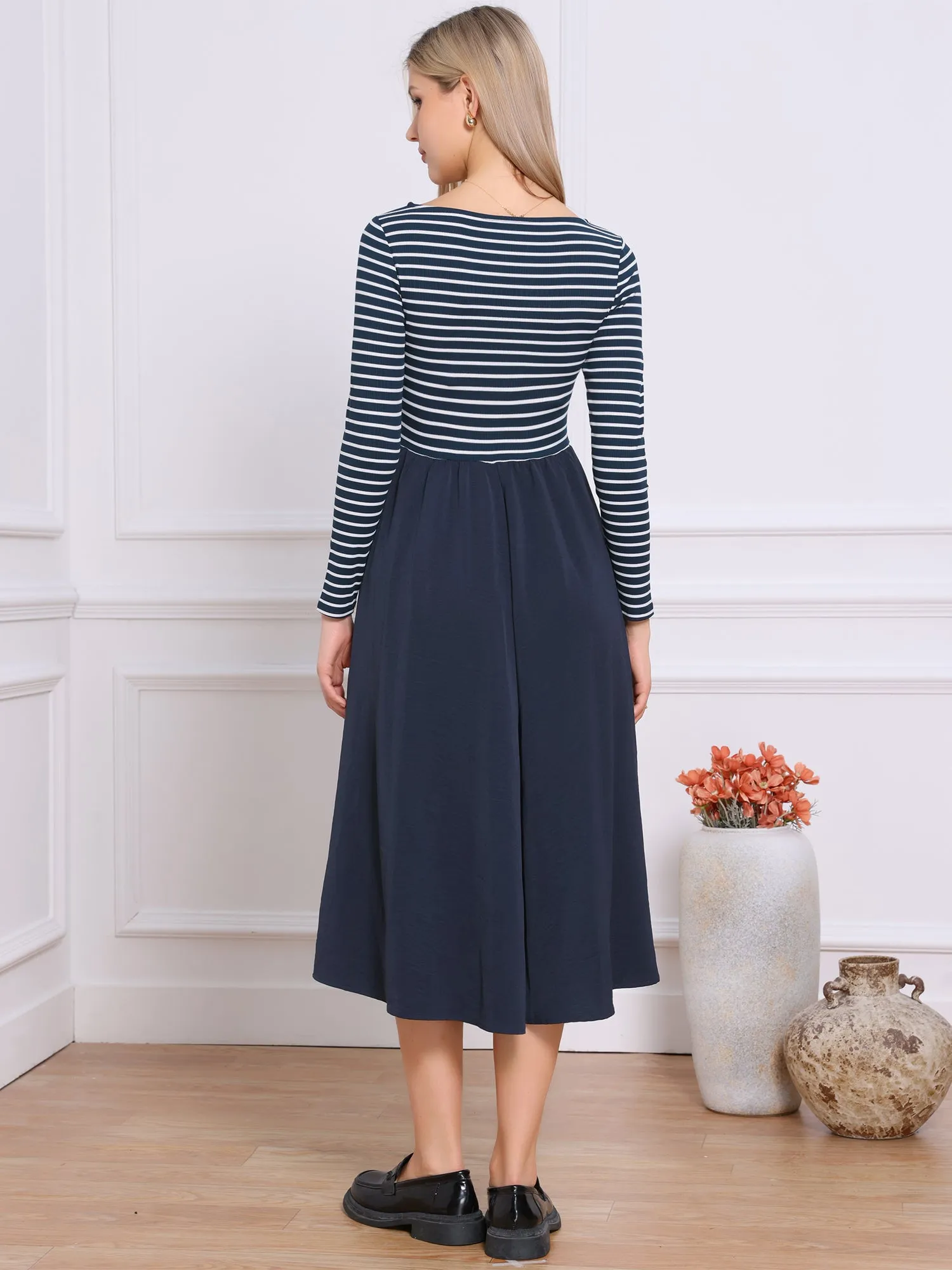 Crew Neck Striped Patchwork Long Sleeves A-Line Casual Midi Dress sold by Allegra K product image thumbnail 2