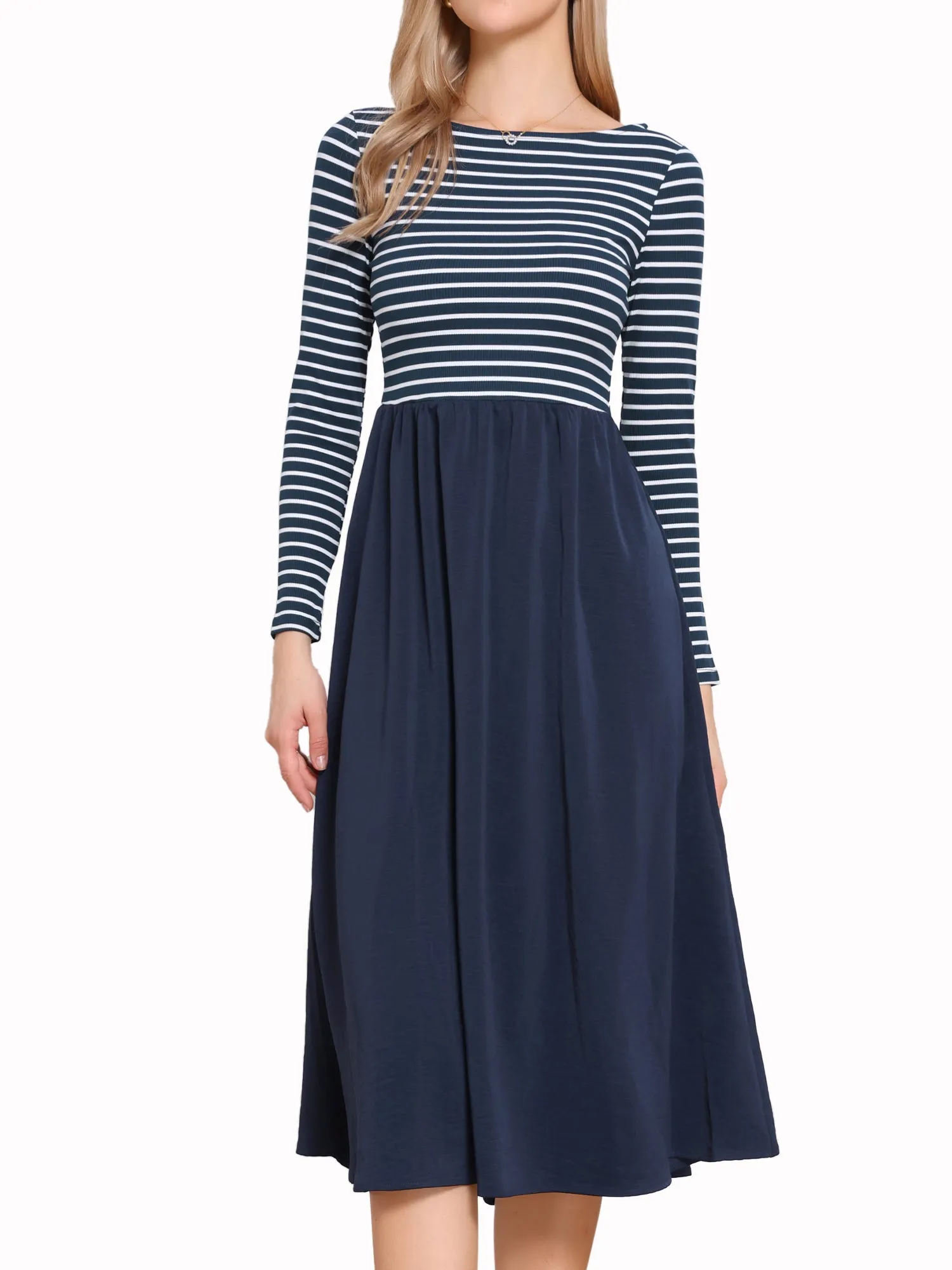 Crew Neck Striped Patchwork Long Sleeves A-Line Casual Midi Dress sold by Allegra K product image thumbnail 4