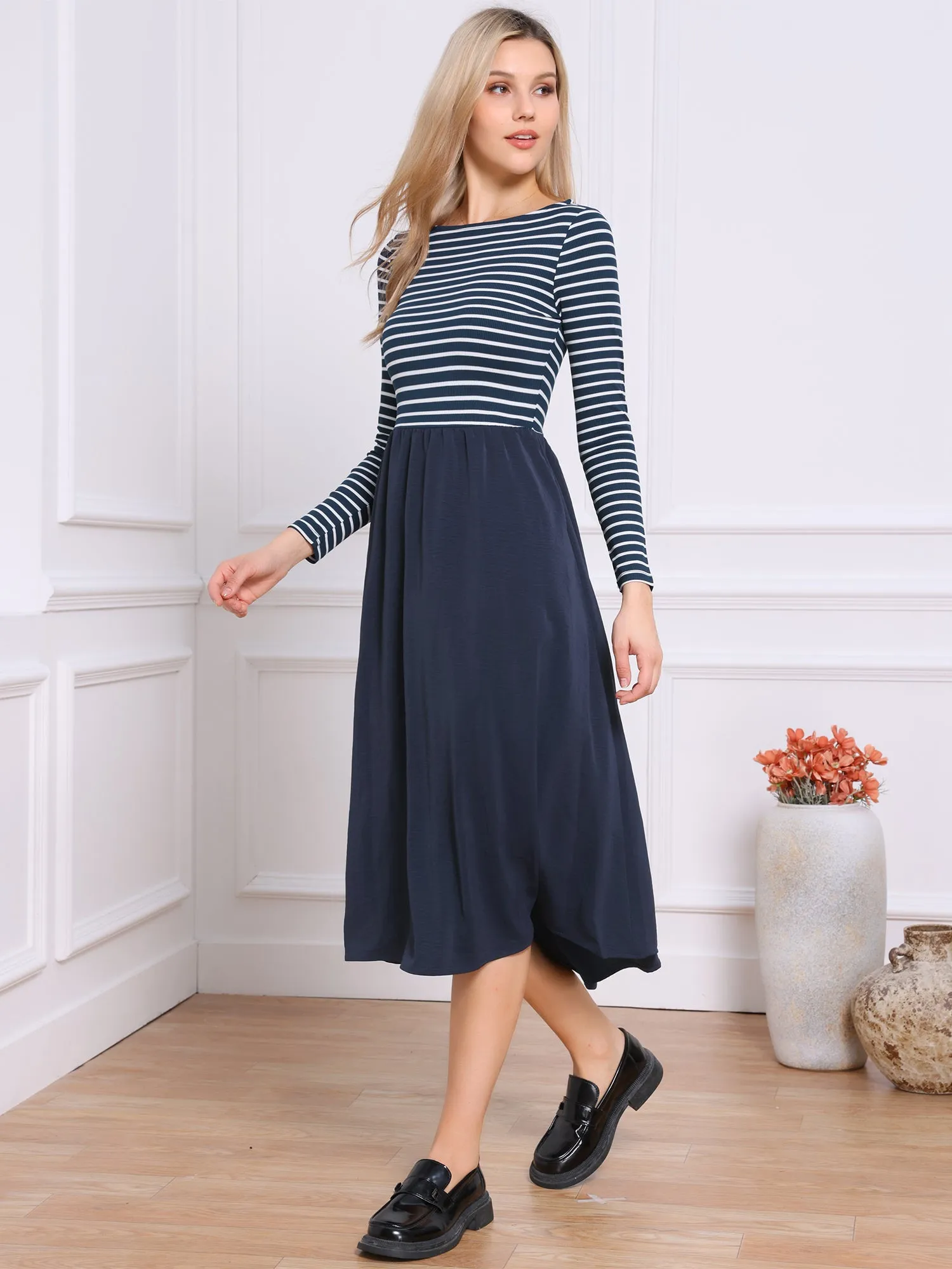 Crew Neck Striped Patchwork Long Sleeves A-Line Casual Midi Dress sold by Allegra K