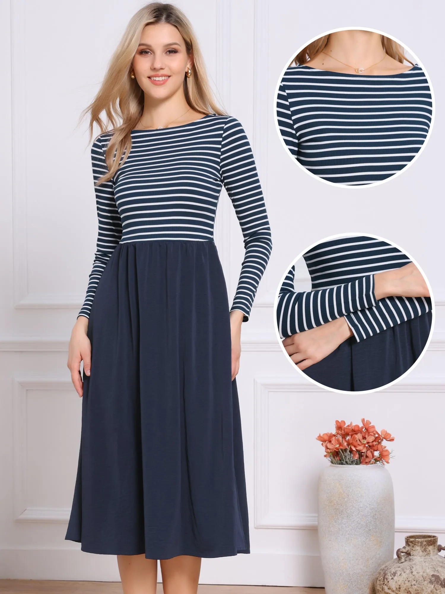 Crew Neck Striped Patchwork Long Sleeves A-Line Casual Midi Dress sold by Allegra K product image thumbnail 3