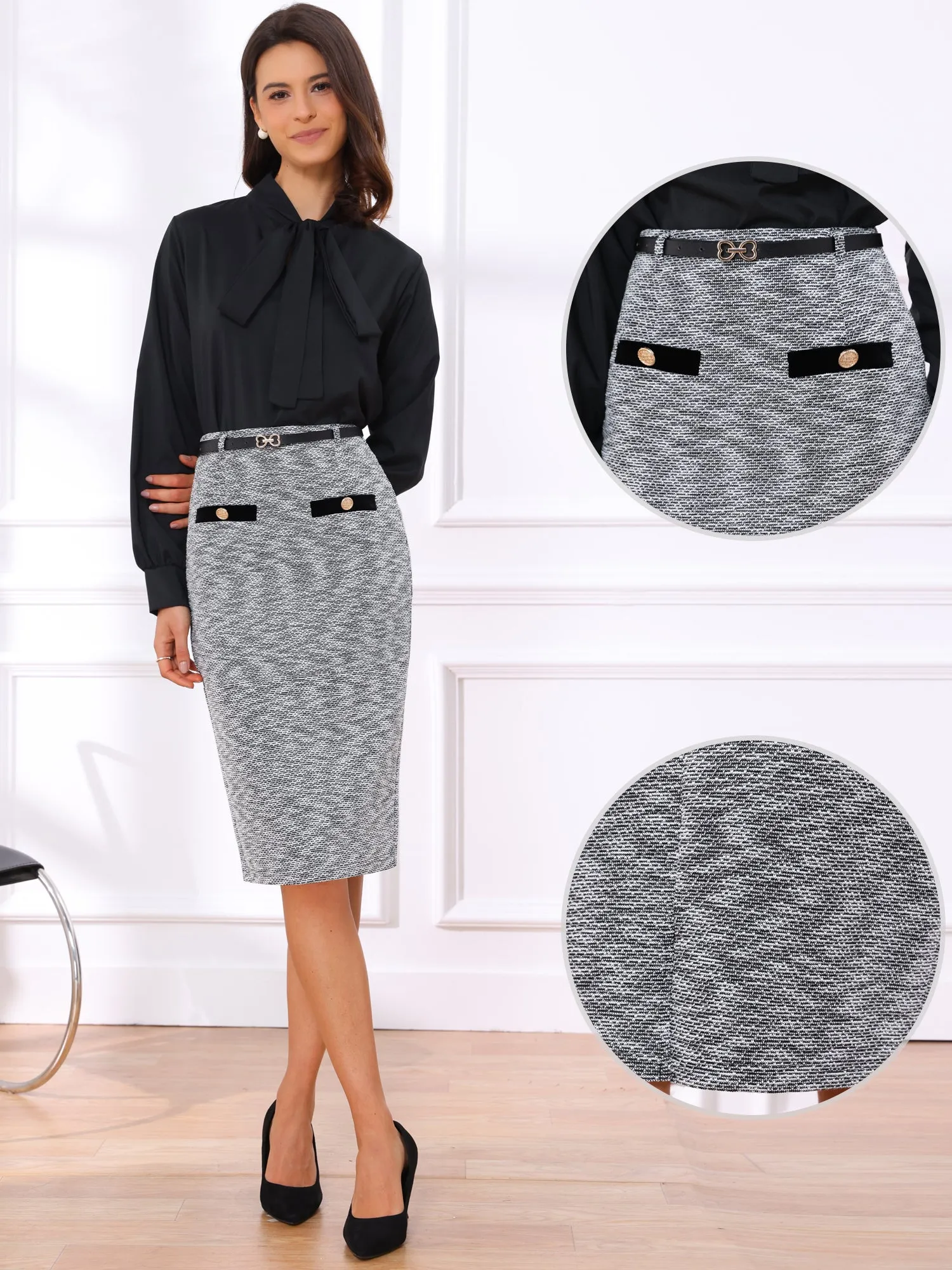 Knee Length High Waisted Belted Tweed Pencil Skirt sold by Allegra K