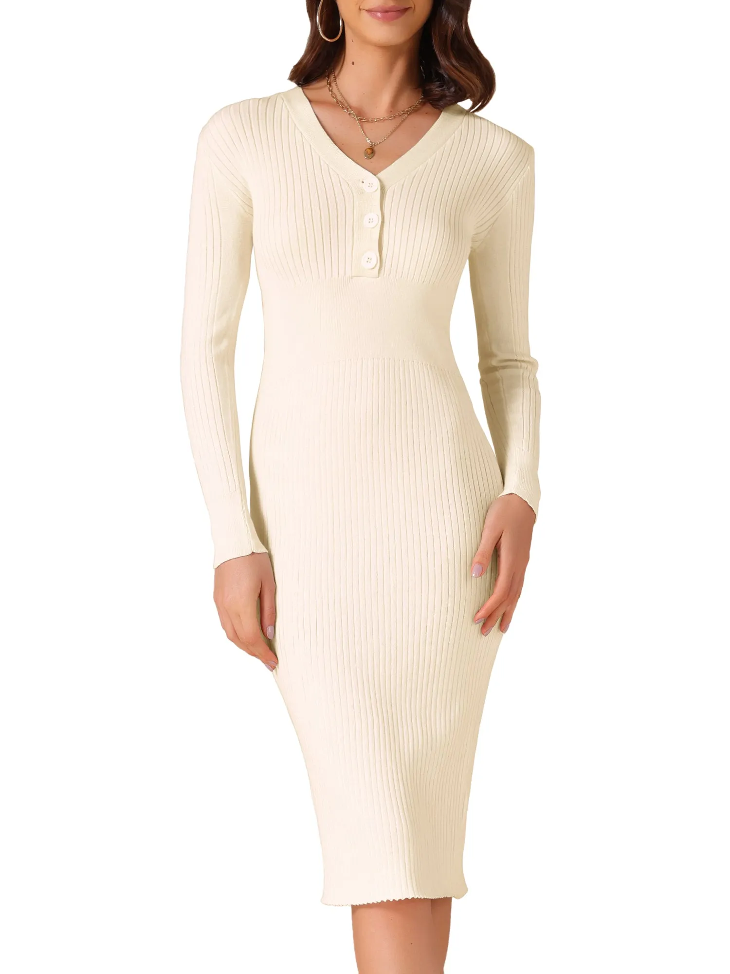V Neck Long Sleeves Buttons Slim Fitted Sweater Dress sold by Allegra K product image thumbnail 4