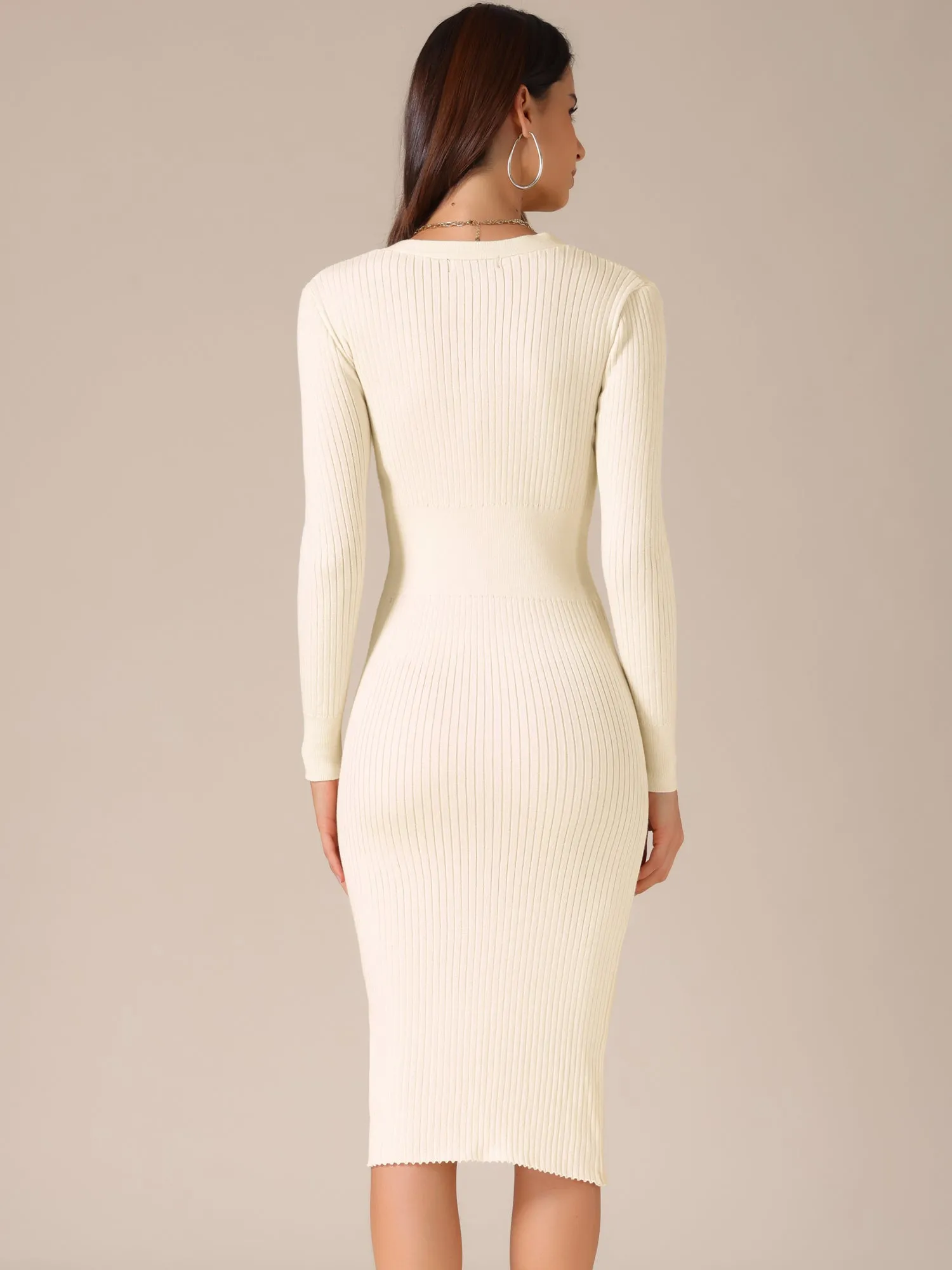 V Neck Long Sleeves Buttons Slim Fitted Sweater Dress sold by Allegra K product image thumbnail 2