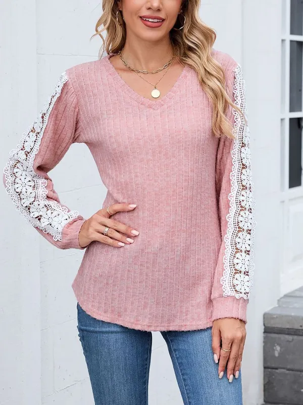 V Neck Lace Decor Long Sleeve Colorblock Blouse sold by Allegra K