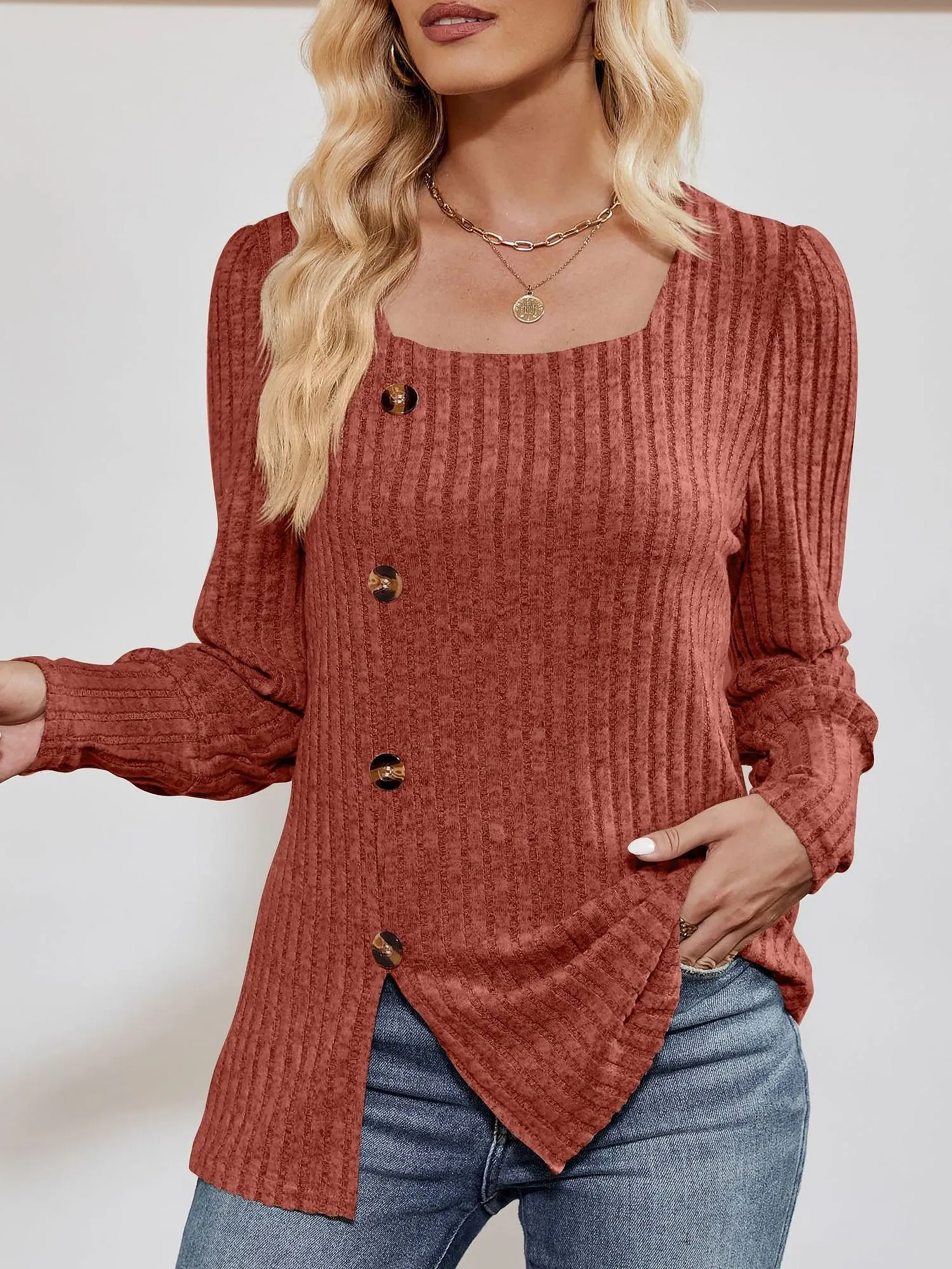 Square Neck Long Sleeve Button Decor Split Blouse sold by Allegra K product image thumbnail 4