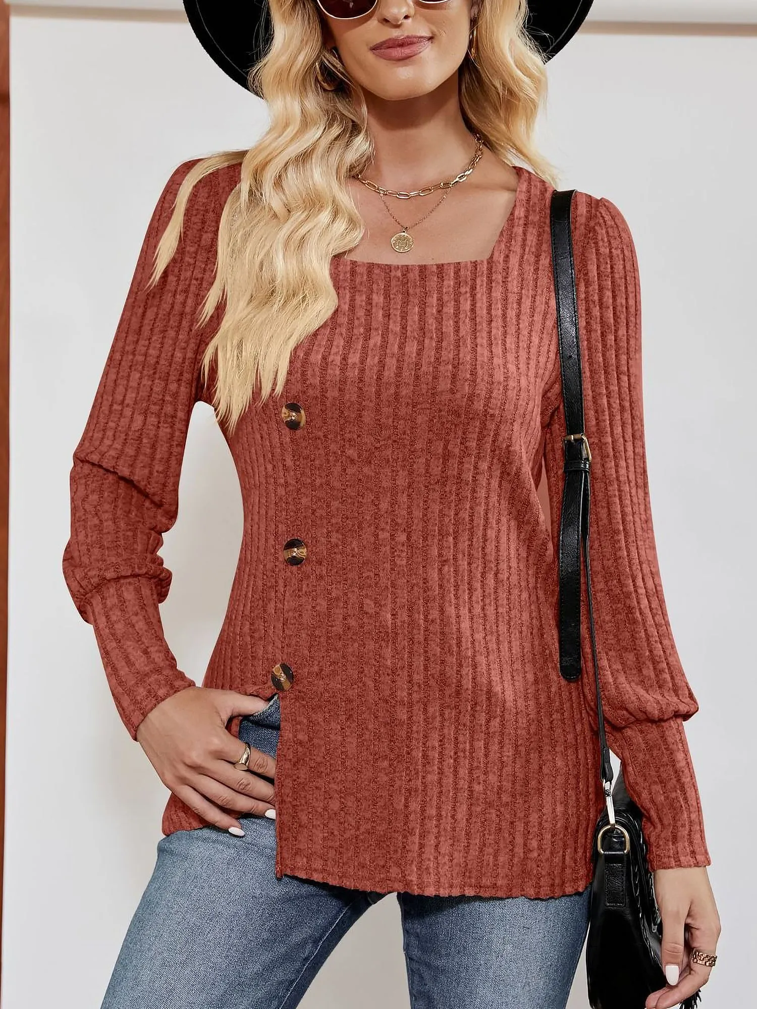 Square Neck Long Sleeve Button Decor Split Blouse sold by Allegra K product image thumbnail 3