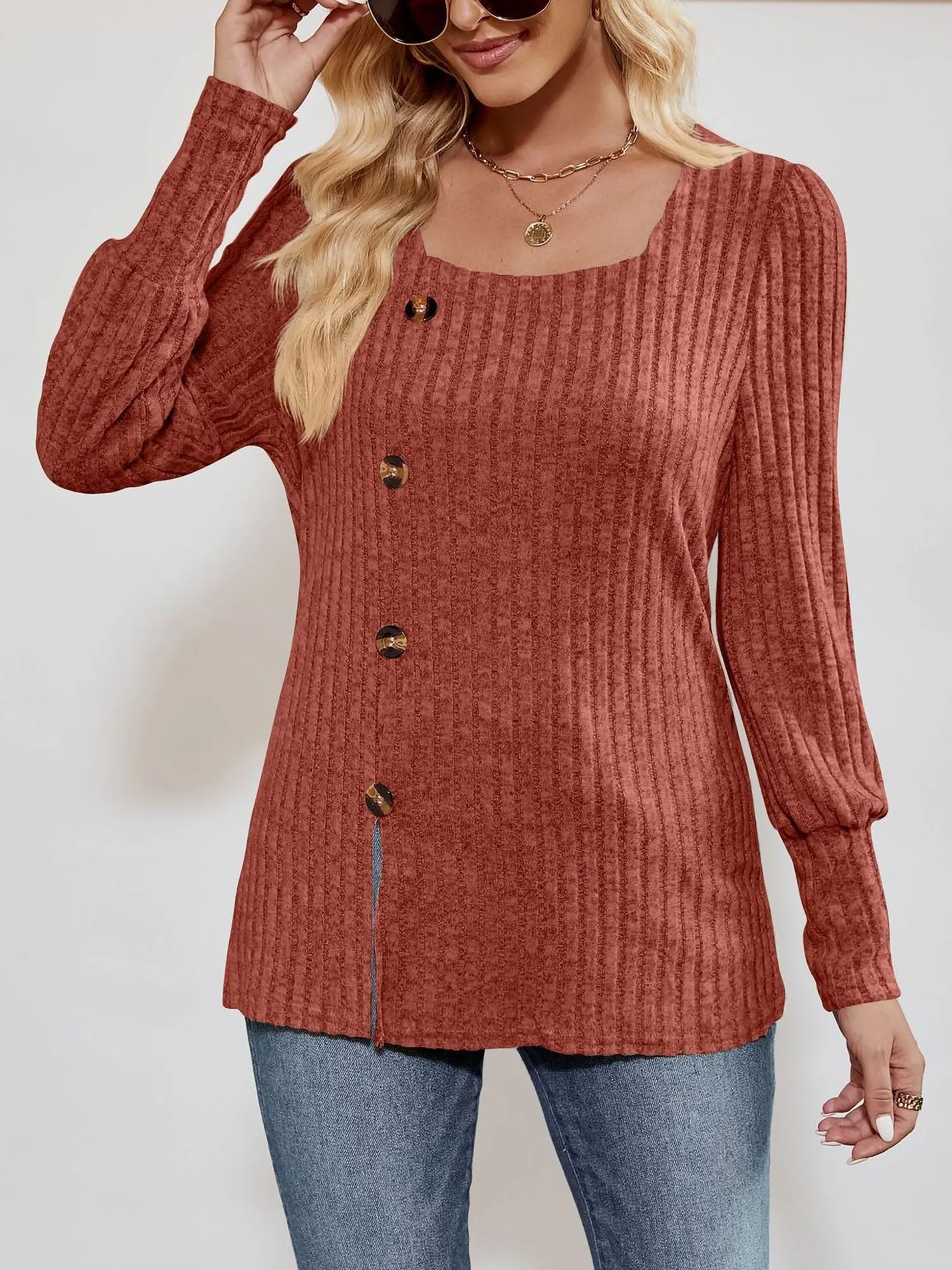 Square Neck Long Sleeve Button Decor Split Blouse sold by Allegra K product image thumbnail 5