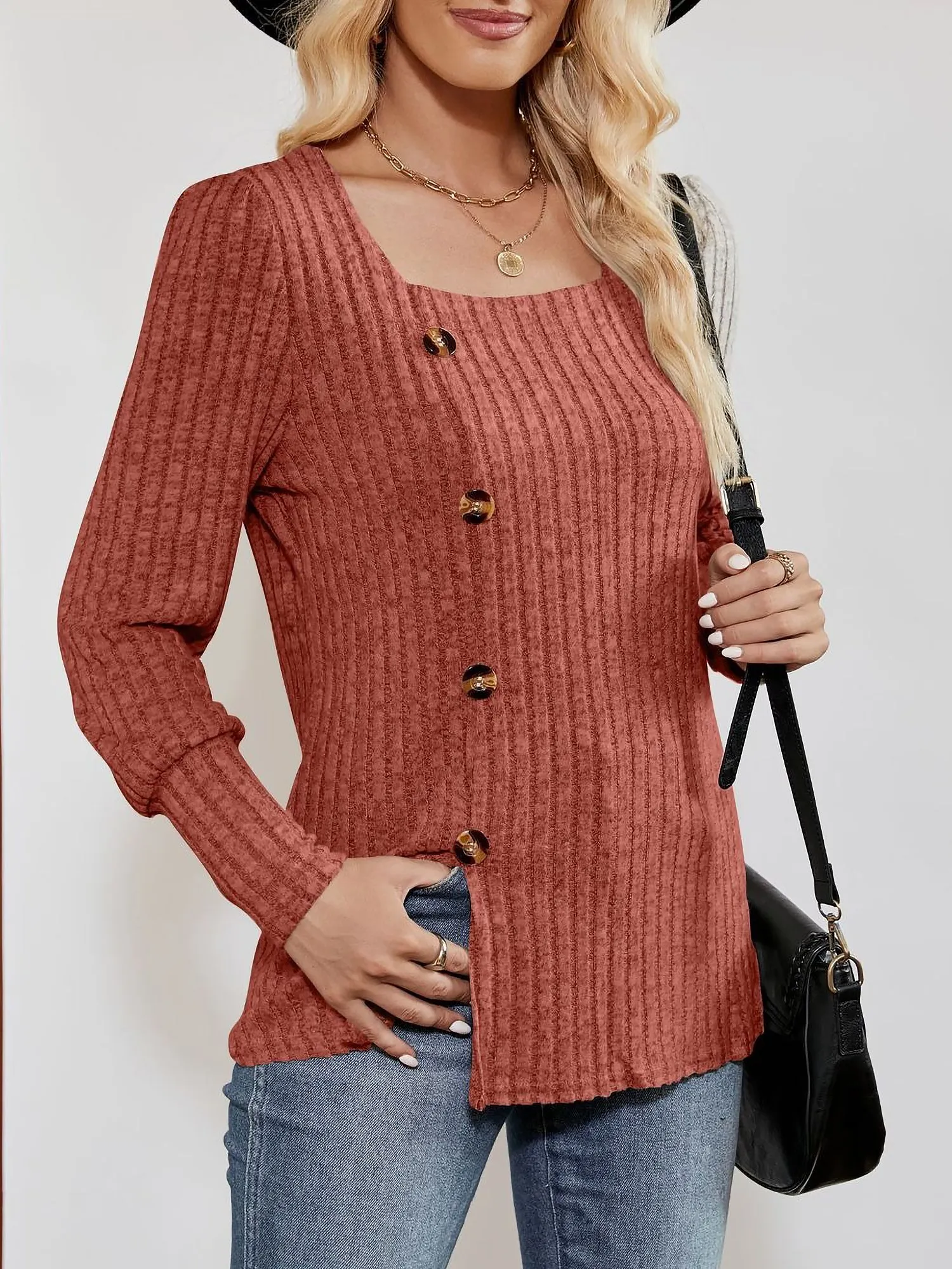 Square Neck Long Sleeve Button Decor Split Blouse sold by Allegra K