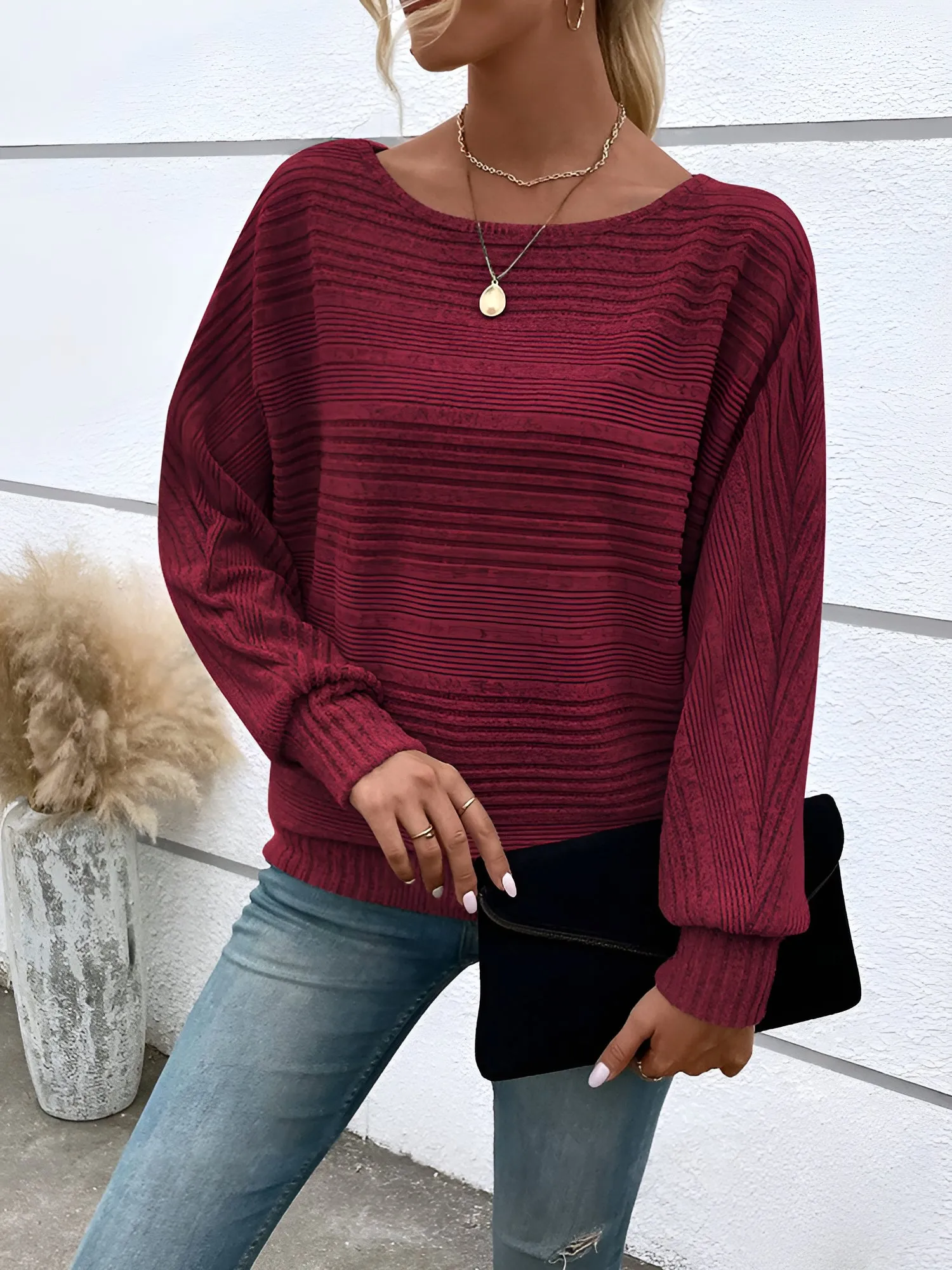 Round Neck Batwing Sleeve Solid Color Blouse sold by Allegra K product image thumbnail 4