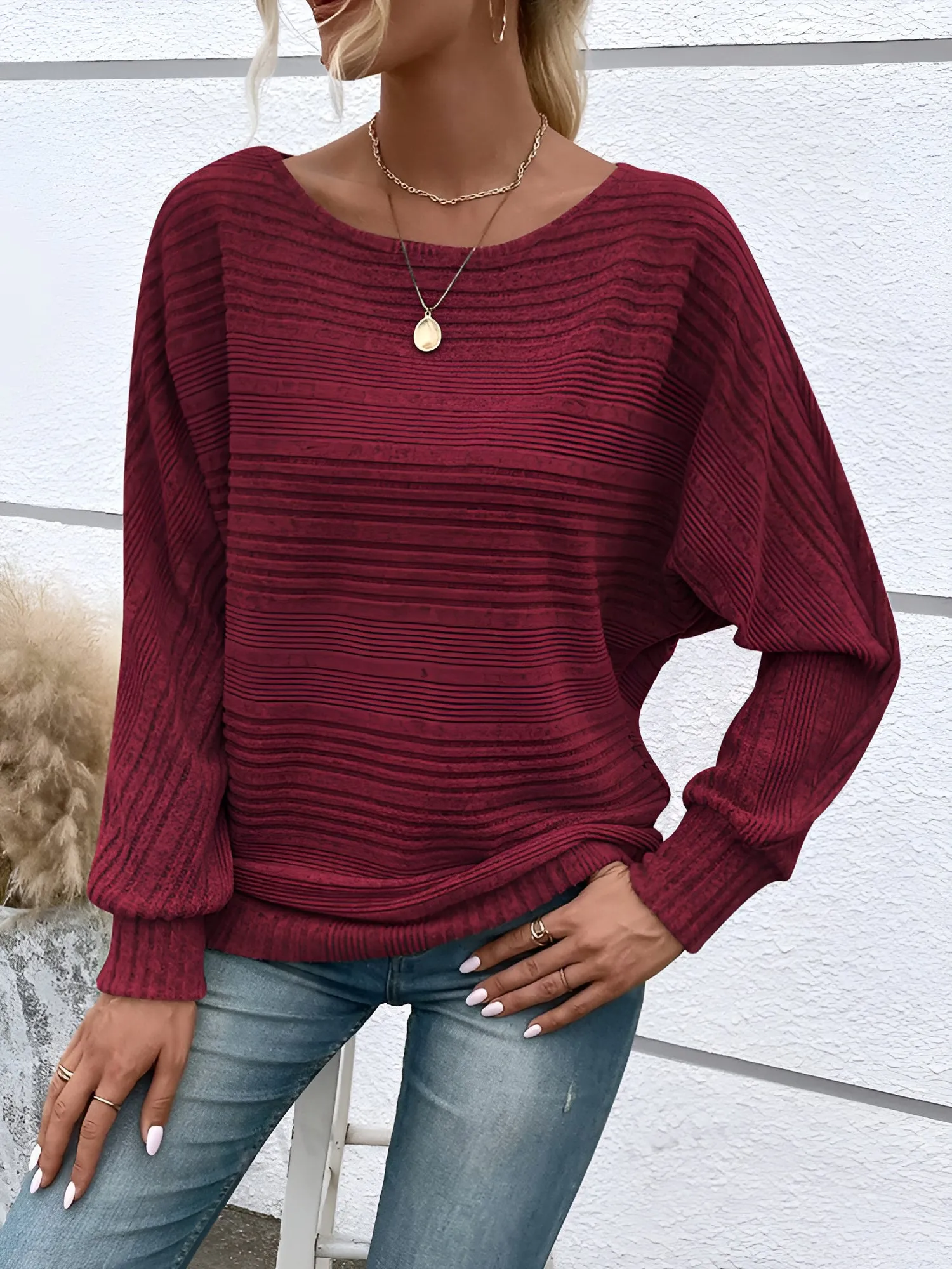 Round Neck Batwing Sleeve Solid Color Blouse sold by Allegra K