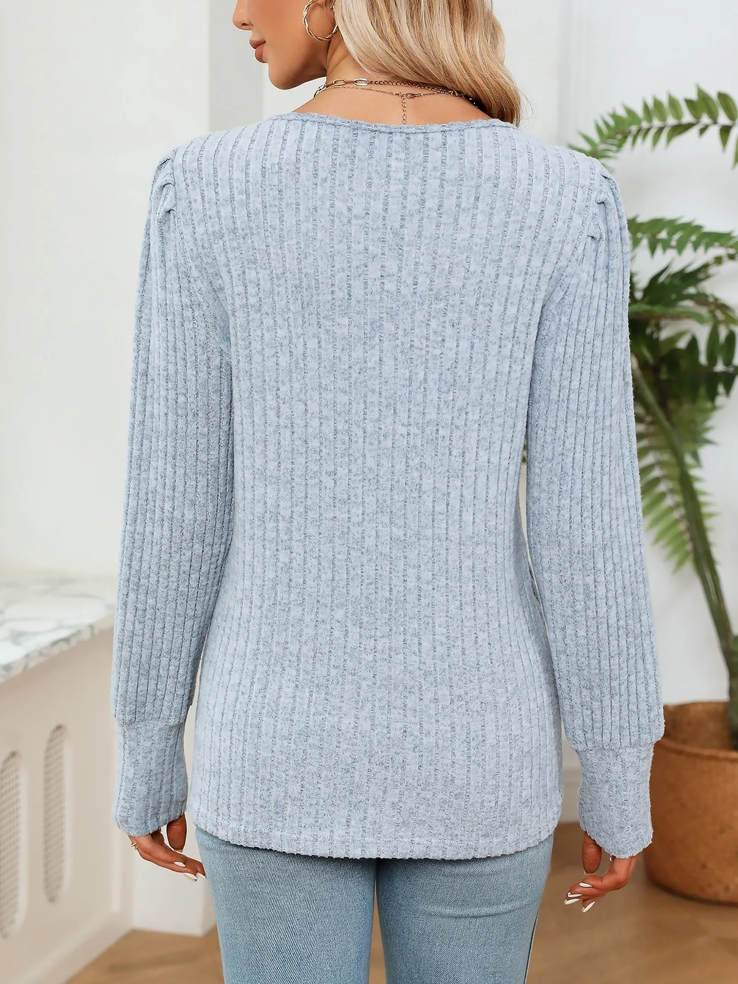 V Neck Lace Trim Ribbed Brushed Long Sleeve Blouse sold by Allegra K product image thumbnail 2