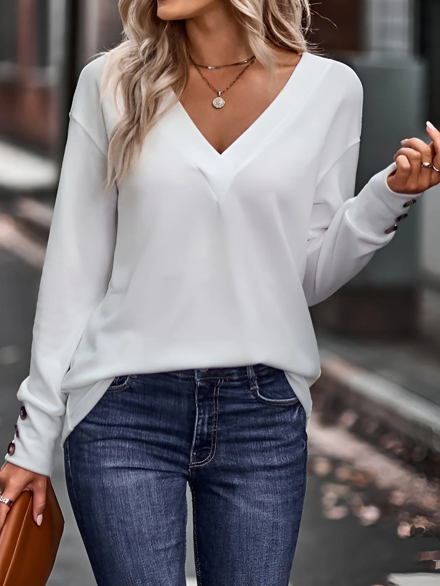 Solid Color V Neck Loose Fit Long Sleeves Blouse sold by Allegra K product image thumbnail 4