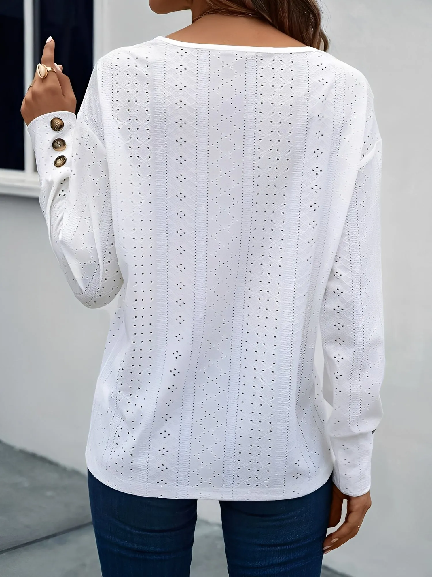 V Neck Long Sleeves Button Decor Eyelet Blouse sold by Allegra K product image thumbnail 2