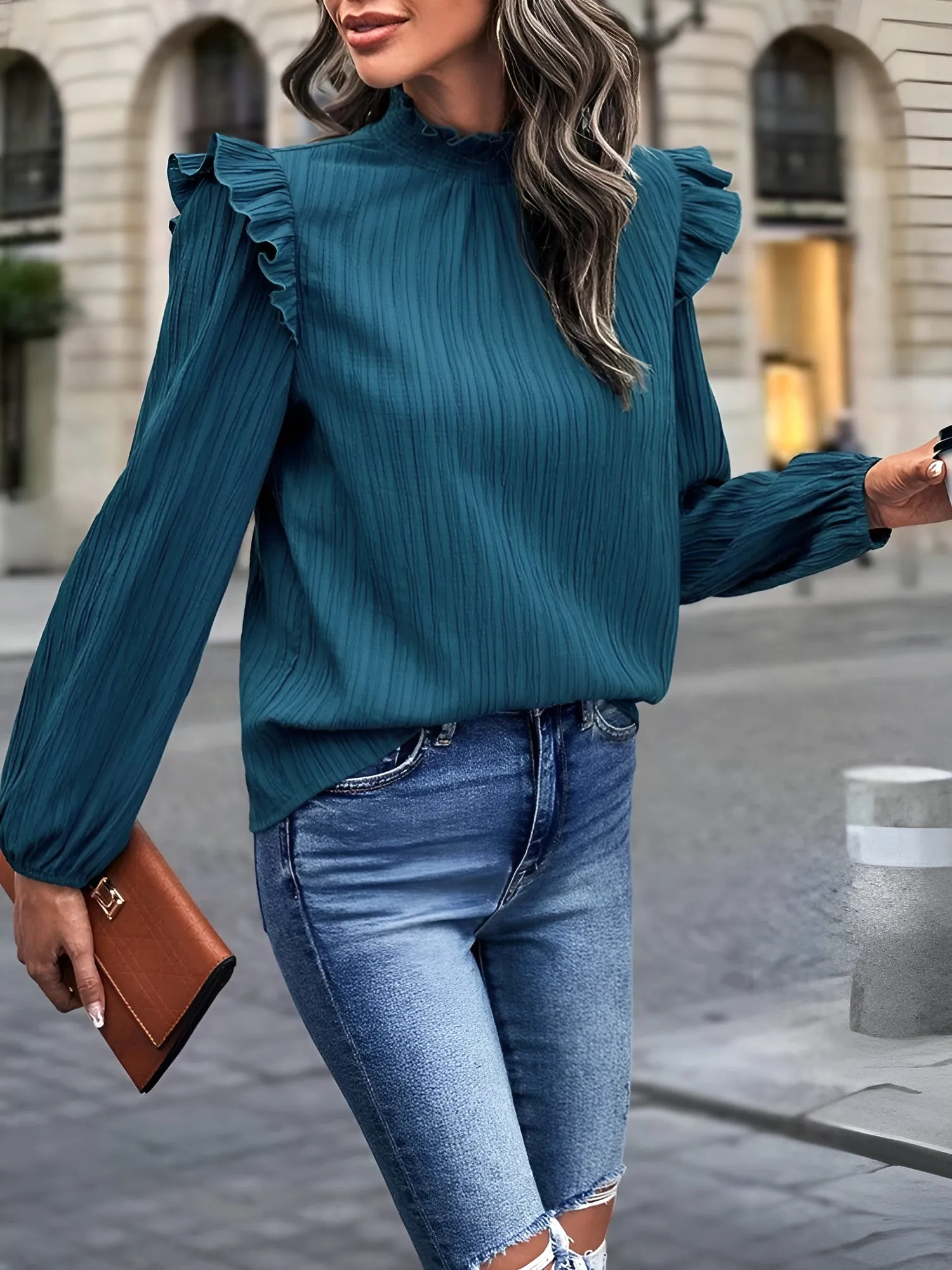 Ruffled Mock Neck Lantern Sleeves Textured Blouse sold by Allegra K product image thumbnail 3