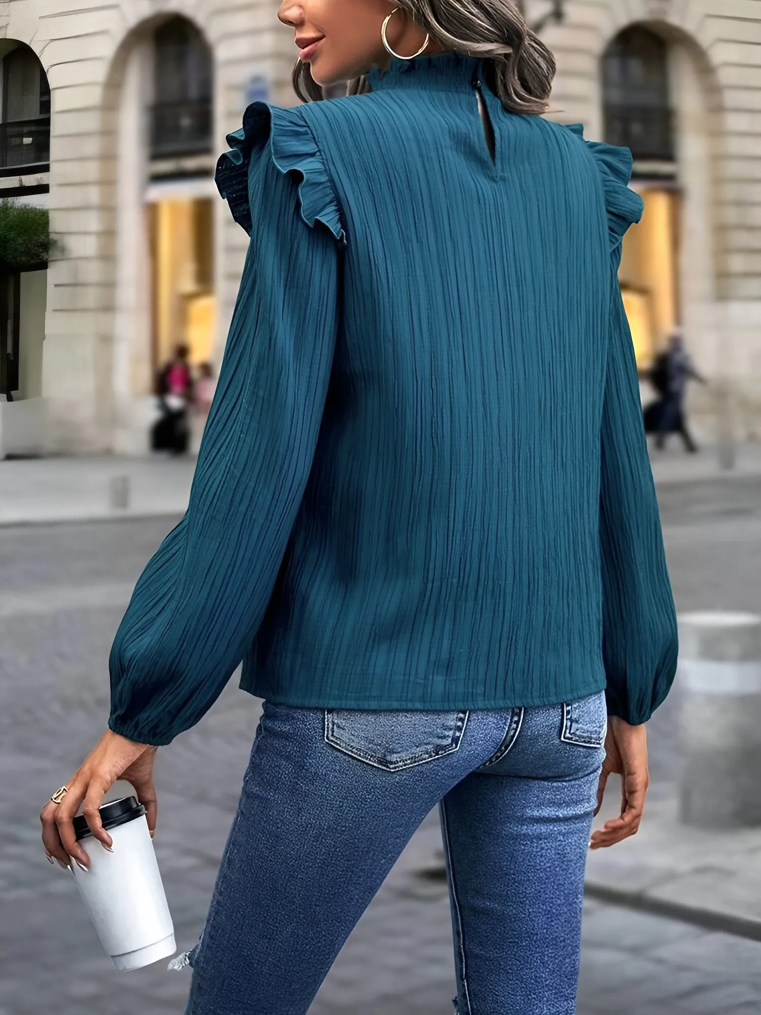 Ruffled Mock Neck Lantern Sleeves Textured Blouse sold by Allegra K product image thumbnail 2