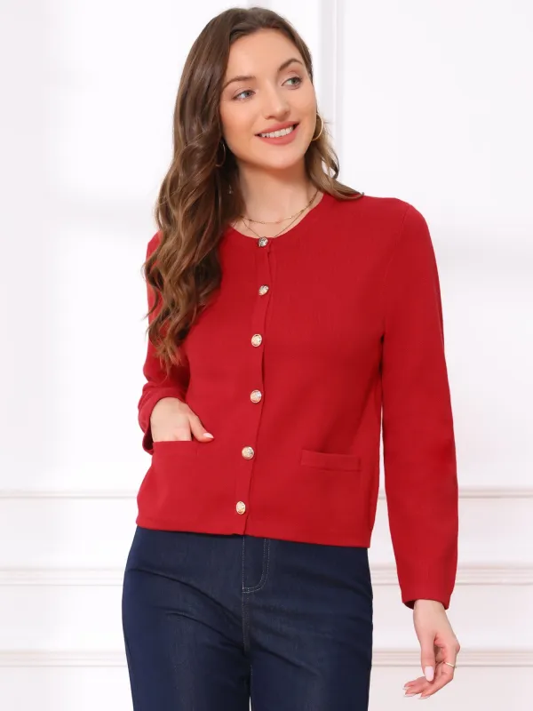 Long Sleeve Crew Neck Solid Casual Knitted Cardigan sold by Allegra K