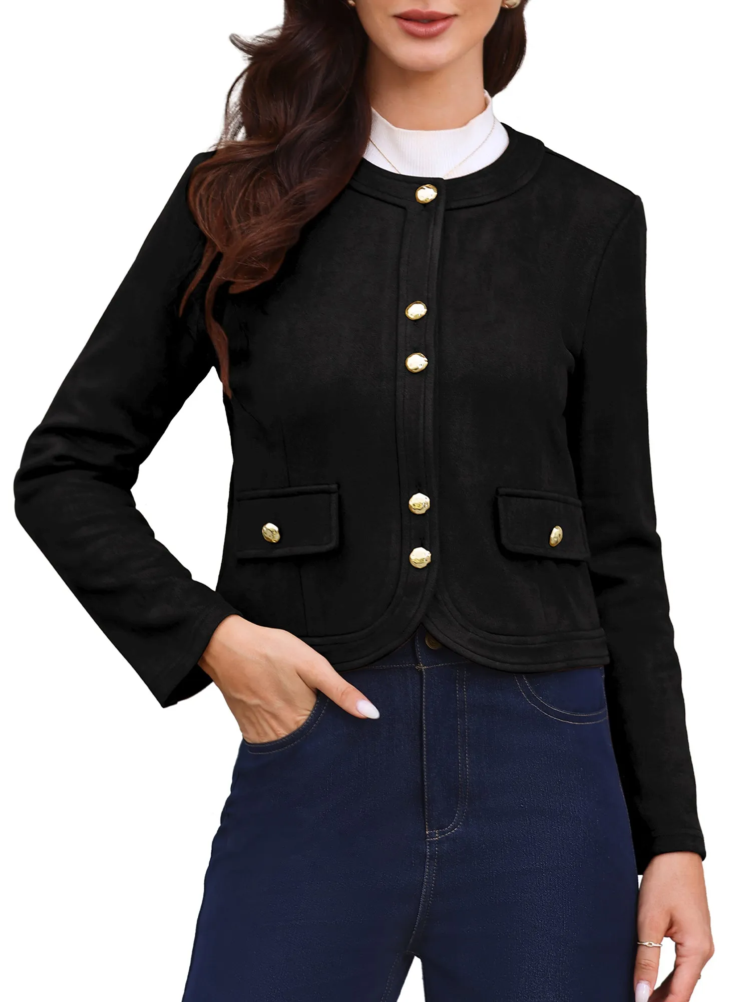 Crew Neck Long Sleeve Button Down Casual Cropped Jacket sold by Allegra K product image thumbnail 4