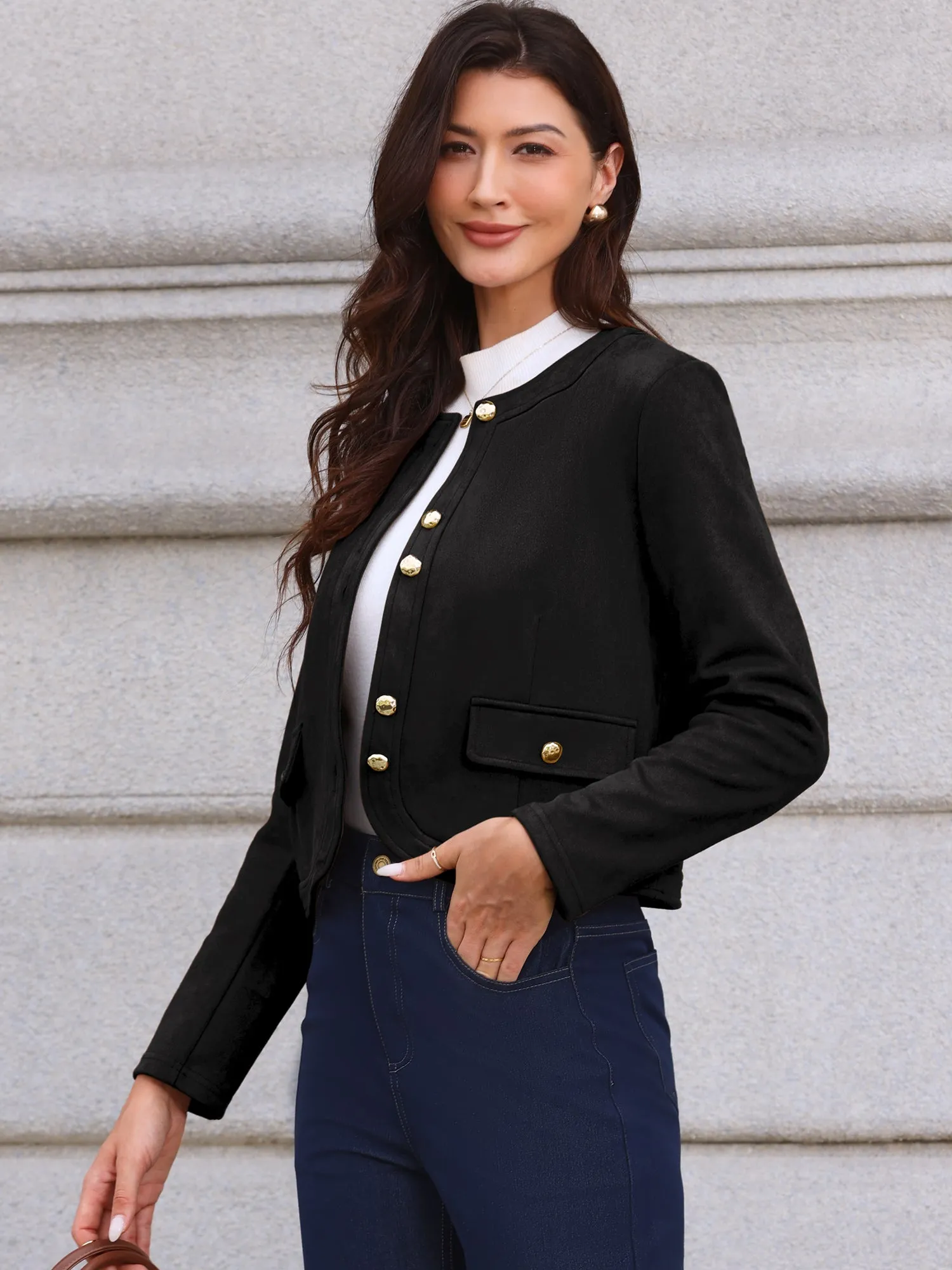 Crew Neck Long Sleeve Button Down Casual Cropped Jacket sold by Allegra K