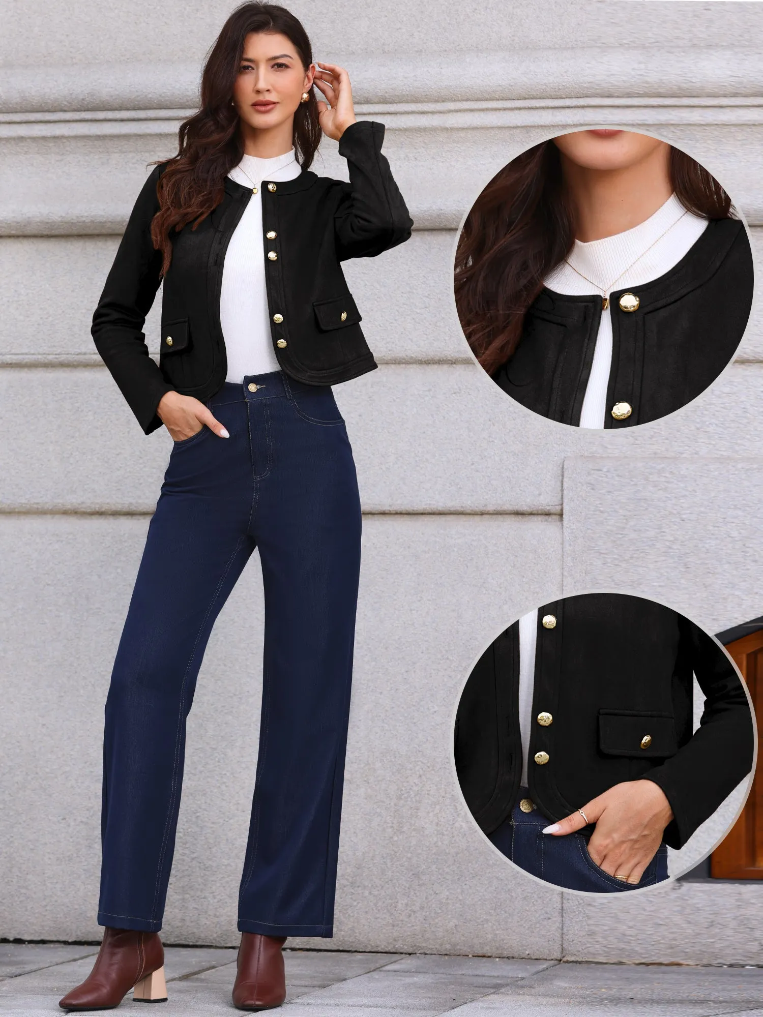 Crew Neck Long Sleeve Button Down Casual Cropped Jacket sold by Allegra K product image thumbnail 2