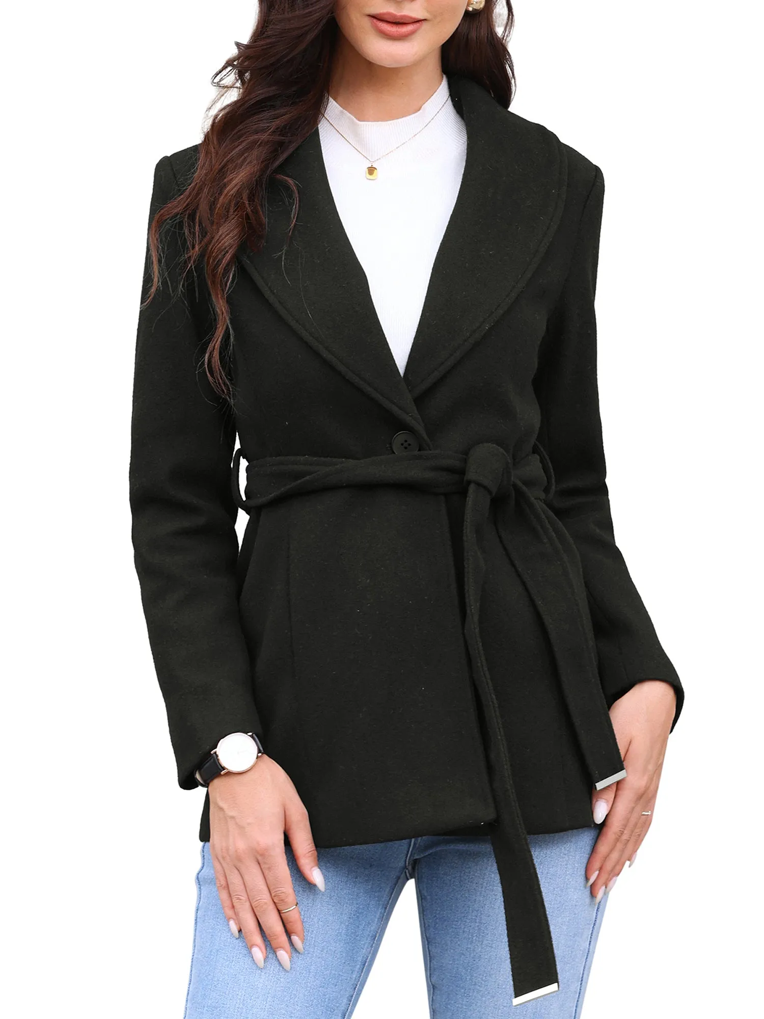 Shawl Collar One Button Overcoats Belted Peacoat sold by Allegra K product image thumbnail 4