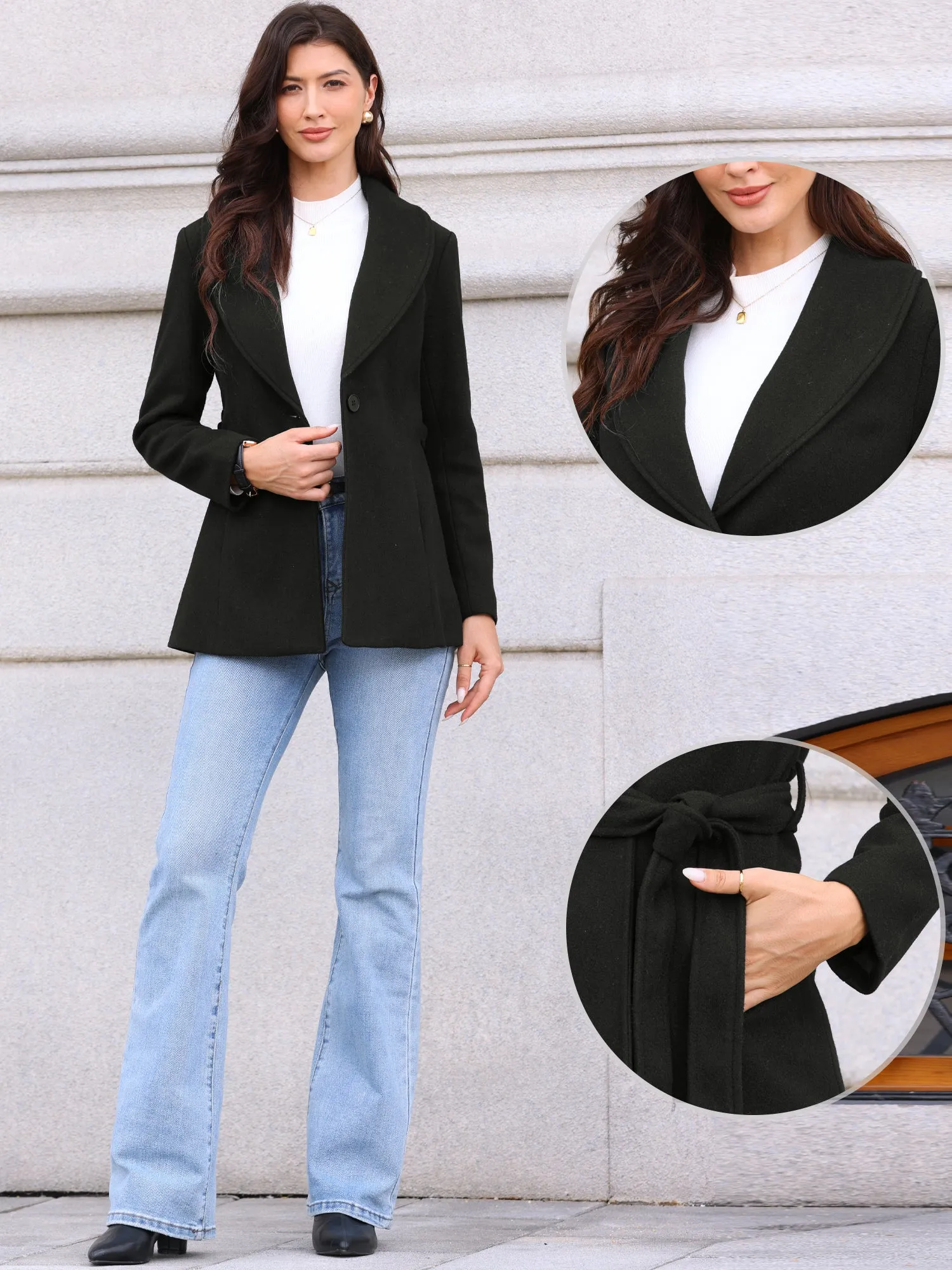 Shawl Collar One Button Overcoats Belted Peacoat sold by Allegra K