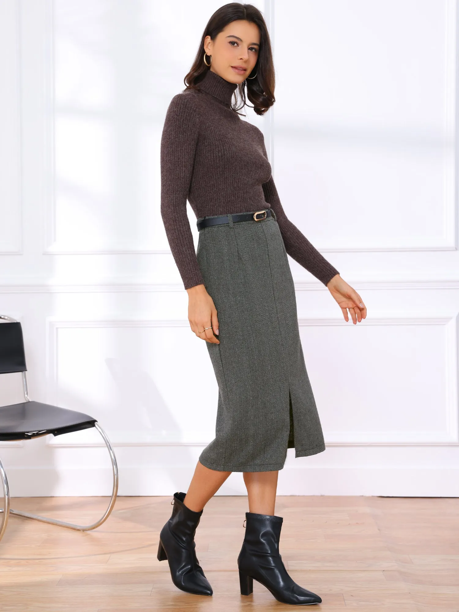 High Waisted Slit Belted Office Work Midi Pencil Skirt sold by Allegra K product image thumbnail 3