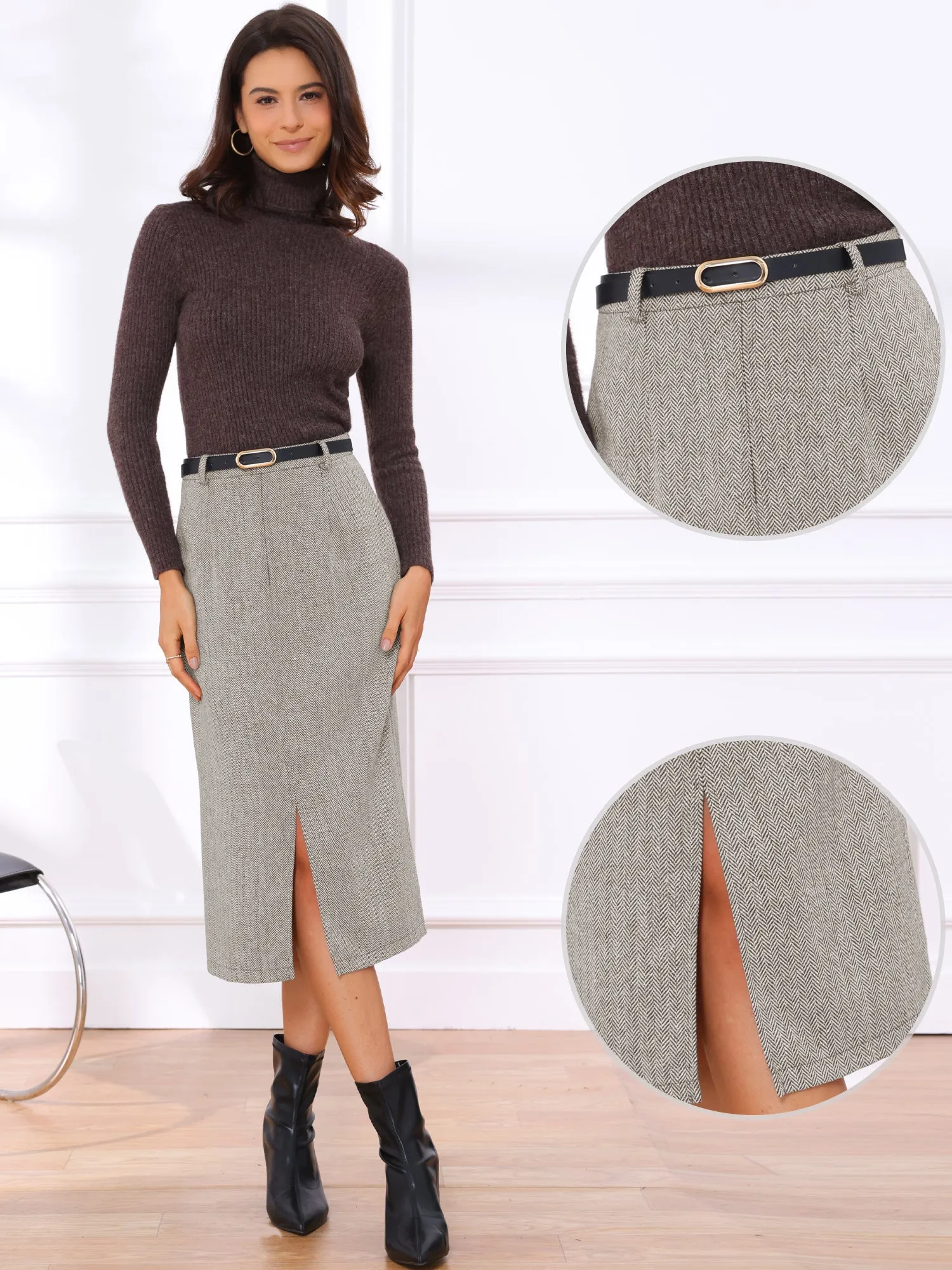 High Waisted Slit Belted Office Work Midi Pencil Skirt sold by Allegra K product image thumbnail 5
