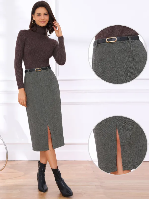 High Waisted Slit Belted Office Work Midi Pencil Skirt made by Allegra K