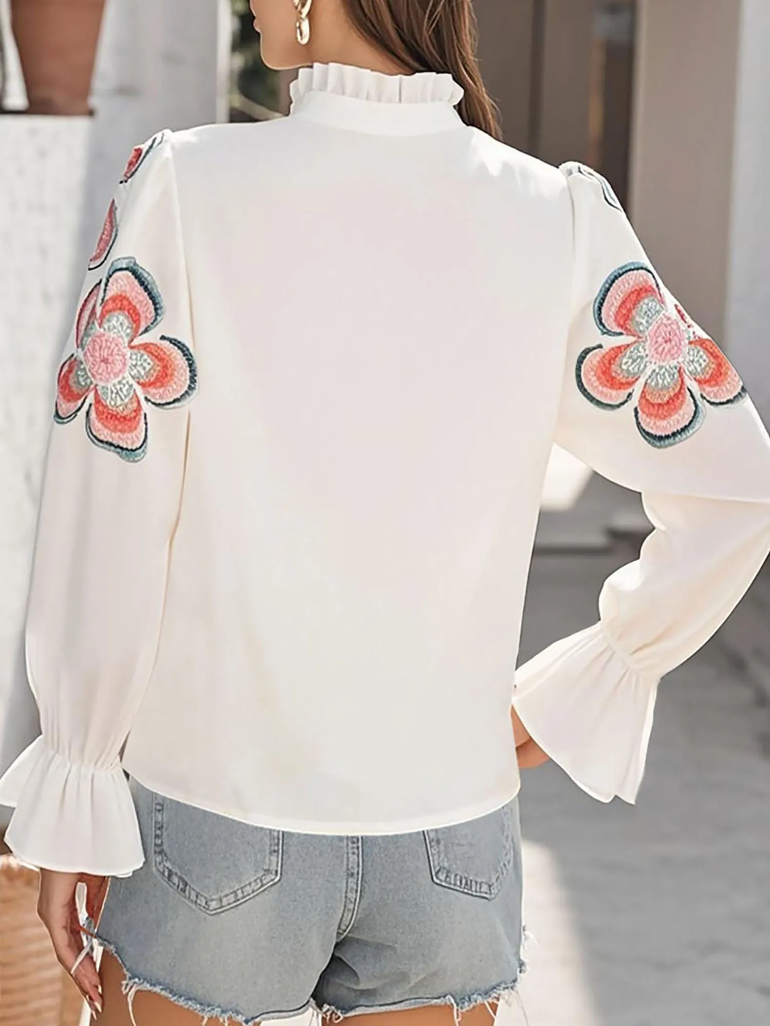 Ruffled Notch Neck Floral Puff Long Sleeves Blouse sold by Allegra K product image thumbnail 2