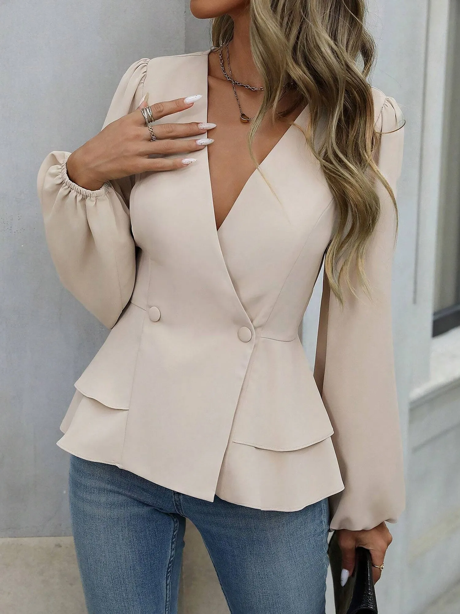 V Neck Puff Long Sleeves Solid Color Peplum Blouse sold by Allegra K product image thumbnail 4