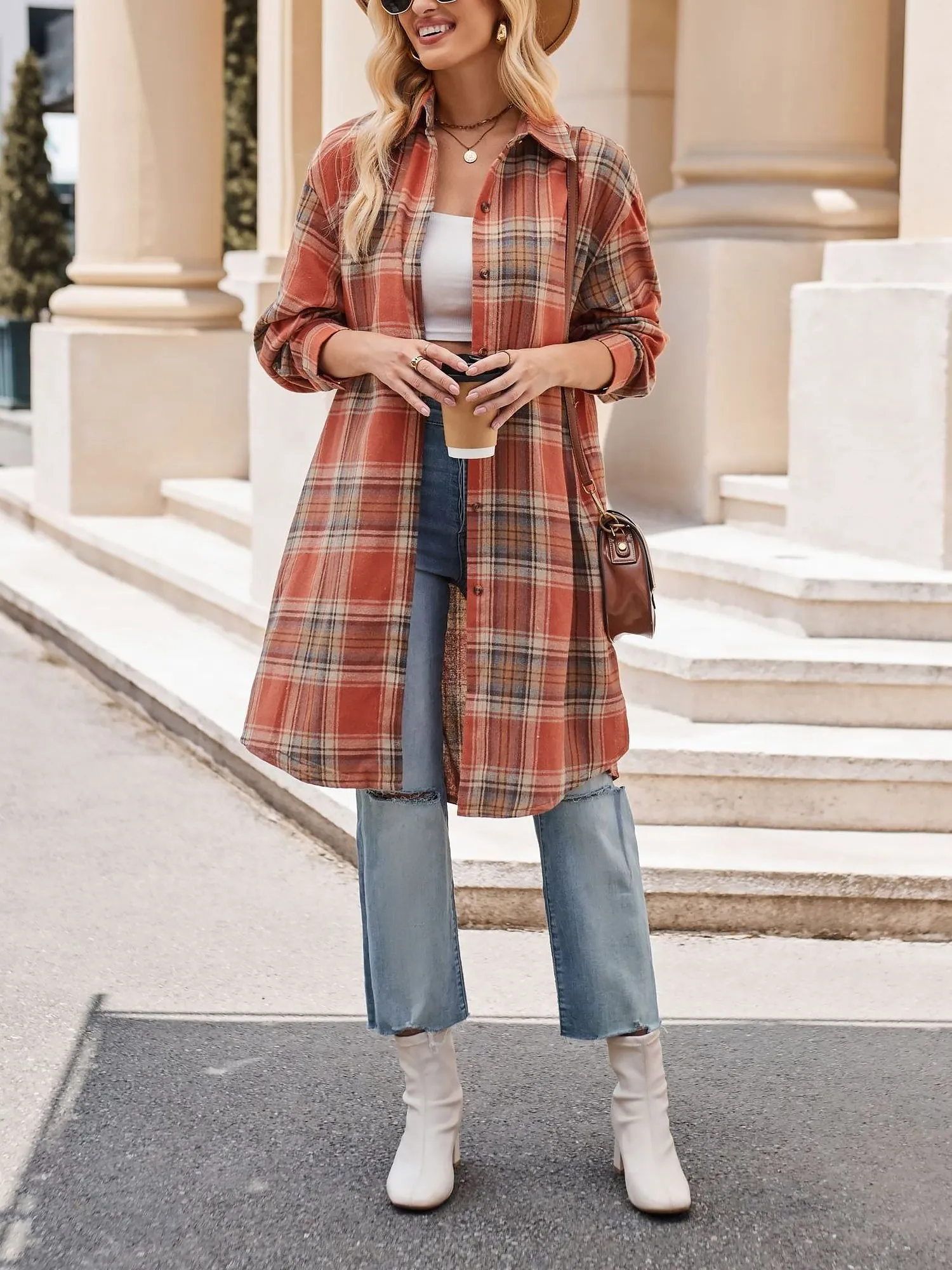 Plaid Turn Down Collar Long Sleeves Mid-Length Shirt sold by Allegra K product image thumbnail 4