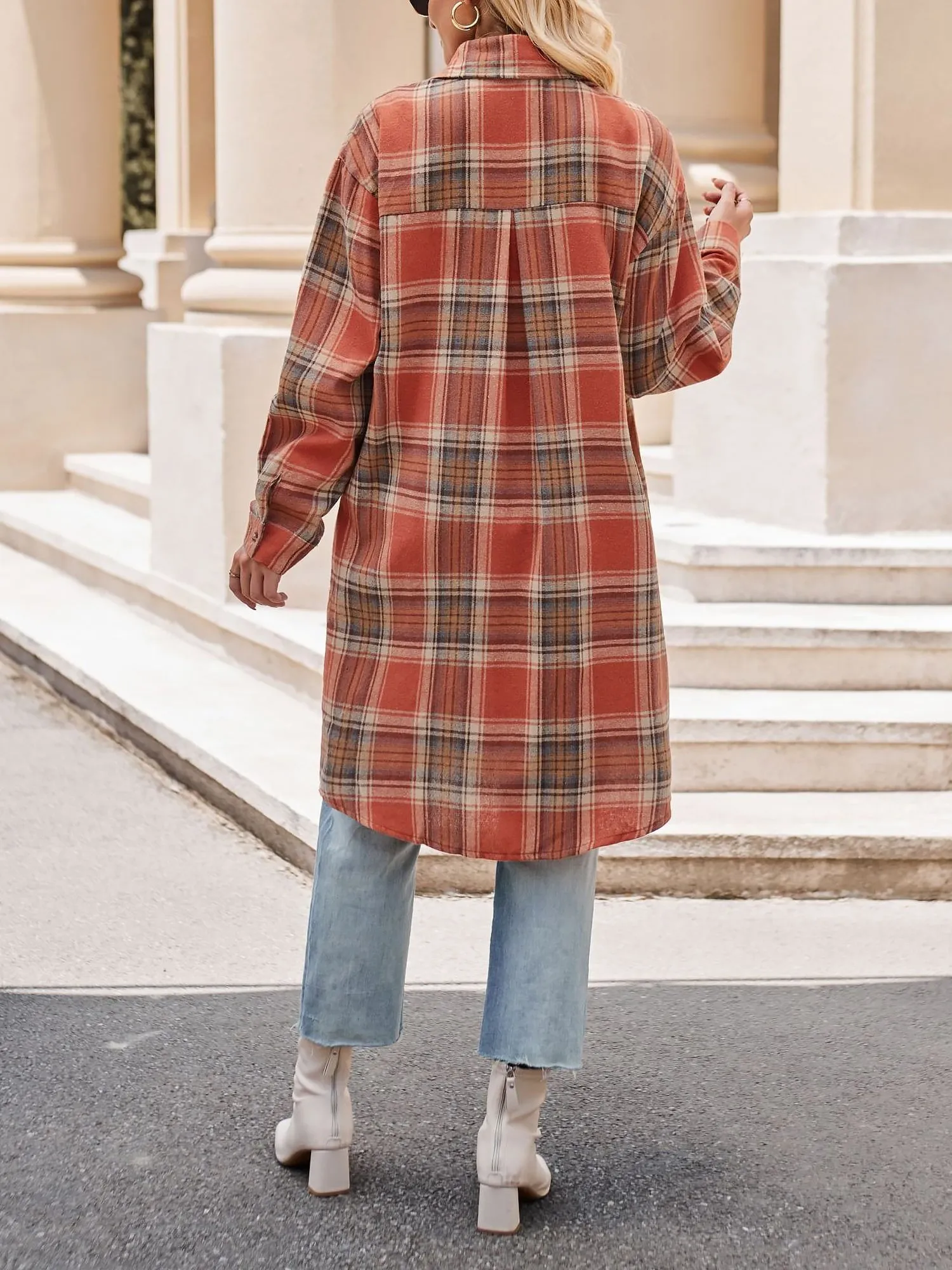 Plaid Turn Down Collar Long Sleeves Mid-Length Shirt sold by Allegra K product image thumbnail 2