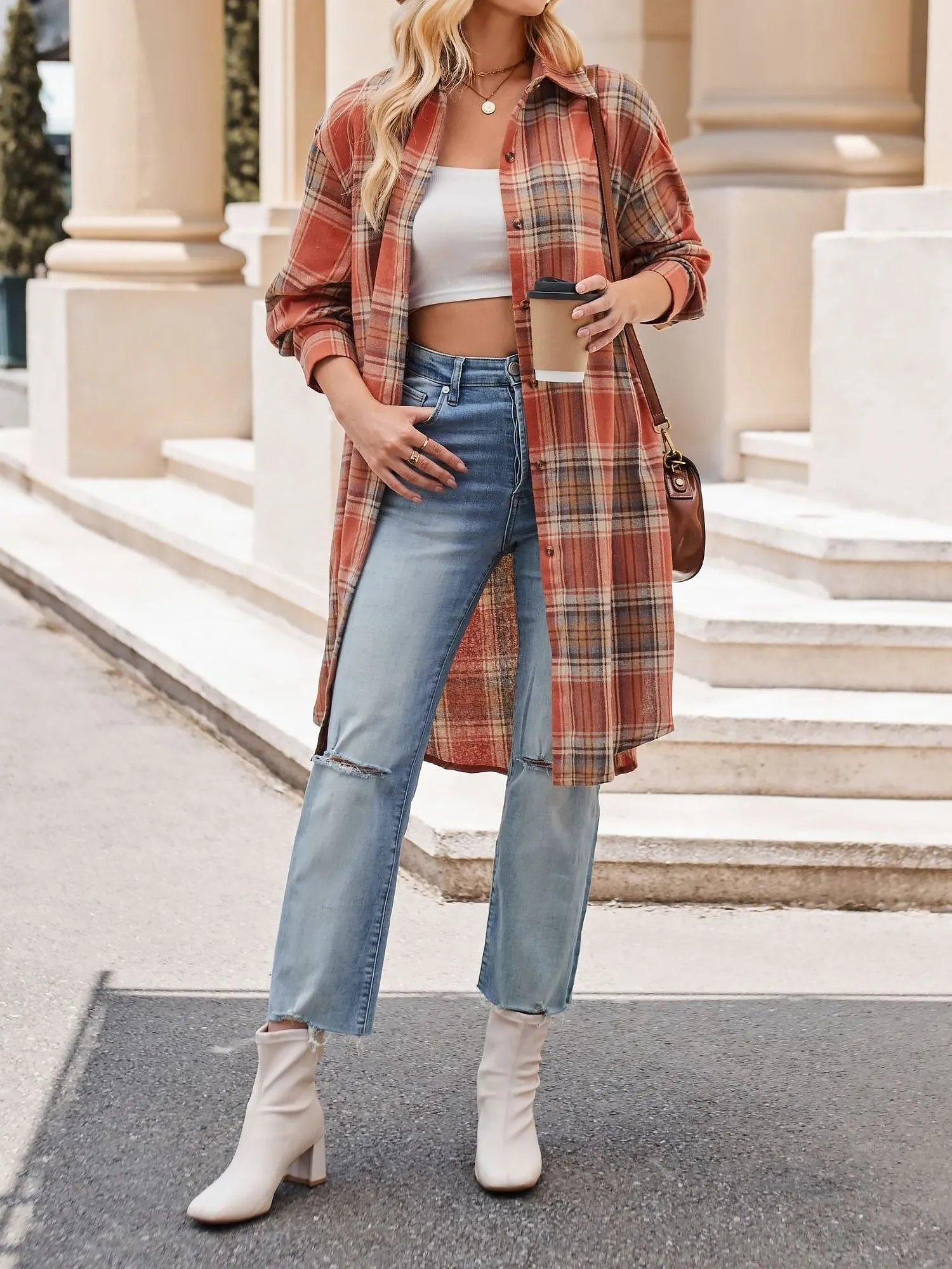 Plaid Turn Down Collar Long Sleeves Mid-Length Shirt sold by Allegra K