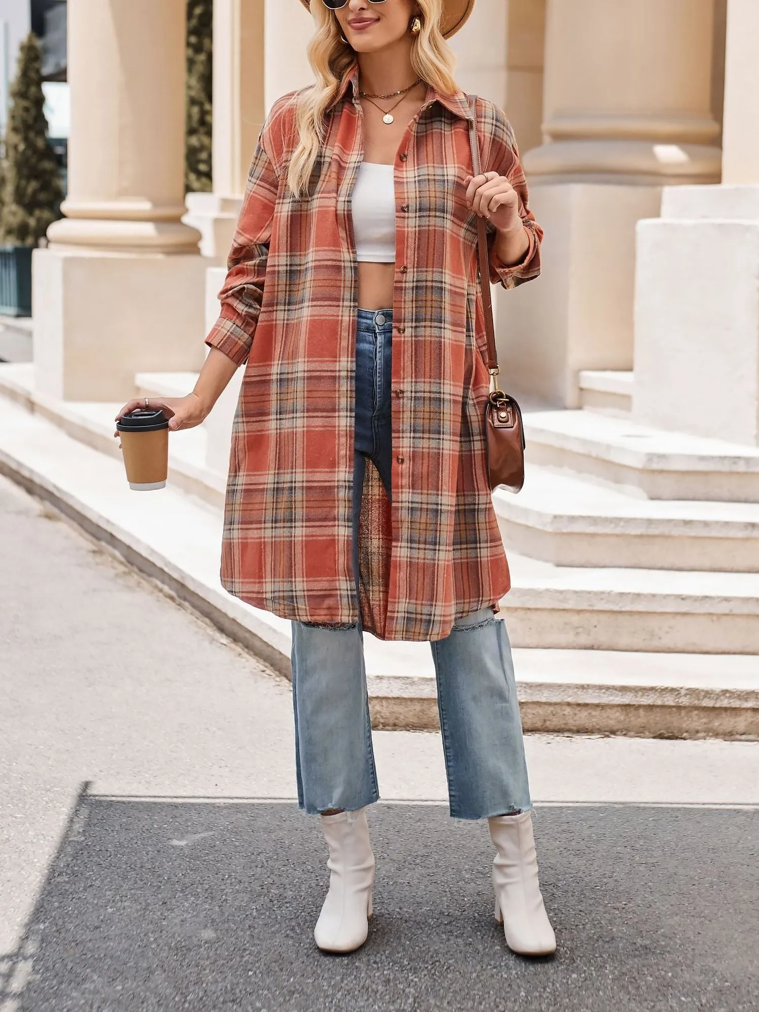 Plaid Turn Down Collar Long Sleeves Mid-Length Shirt sold by Allegra K product image thumbnail 5