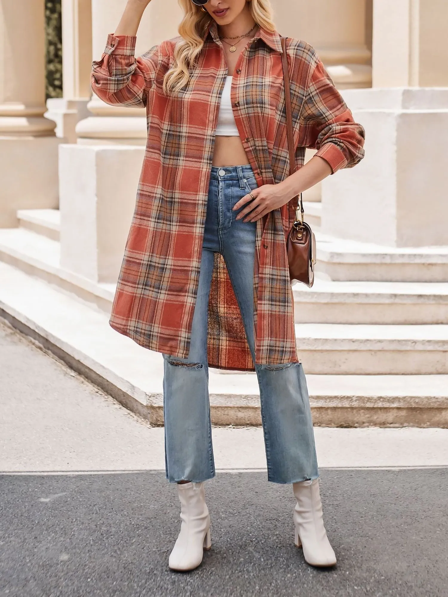 Plaid Turn Down Collar Long Sleeves Mid-Length Shirt sold by Allegra K product image thumbnail 3