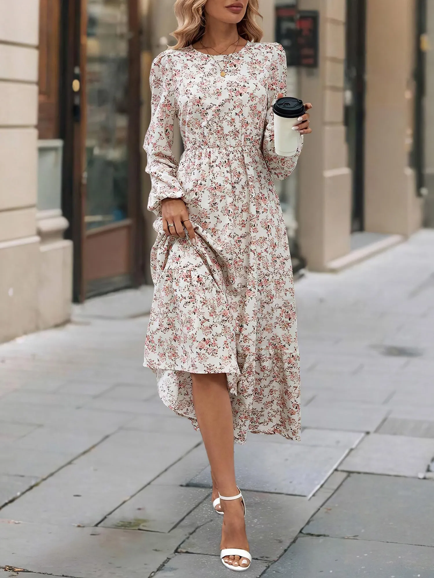 Floral Round Neck Puff Long Sleeve Midi Dress sold by Allegra K product image thumbnail 4