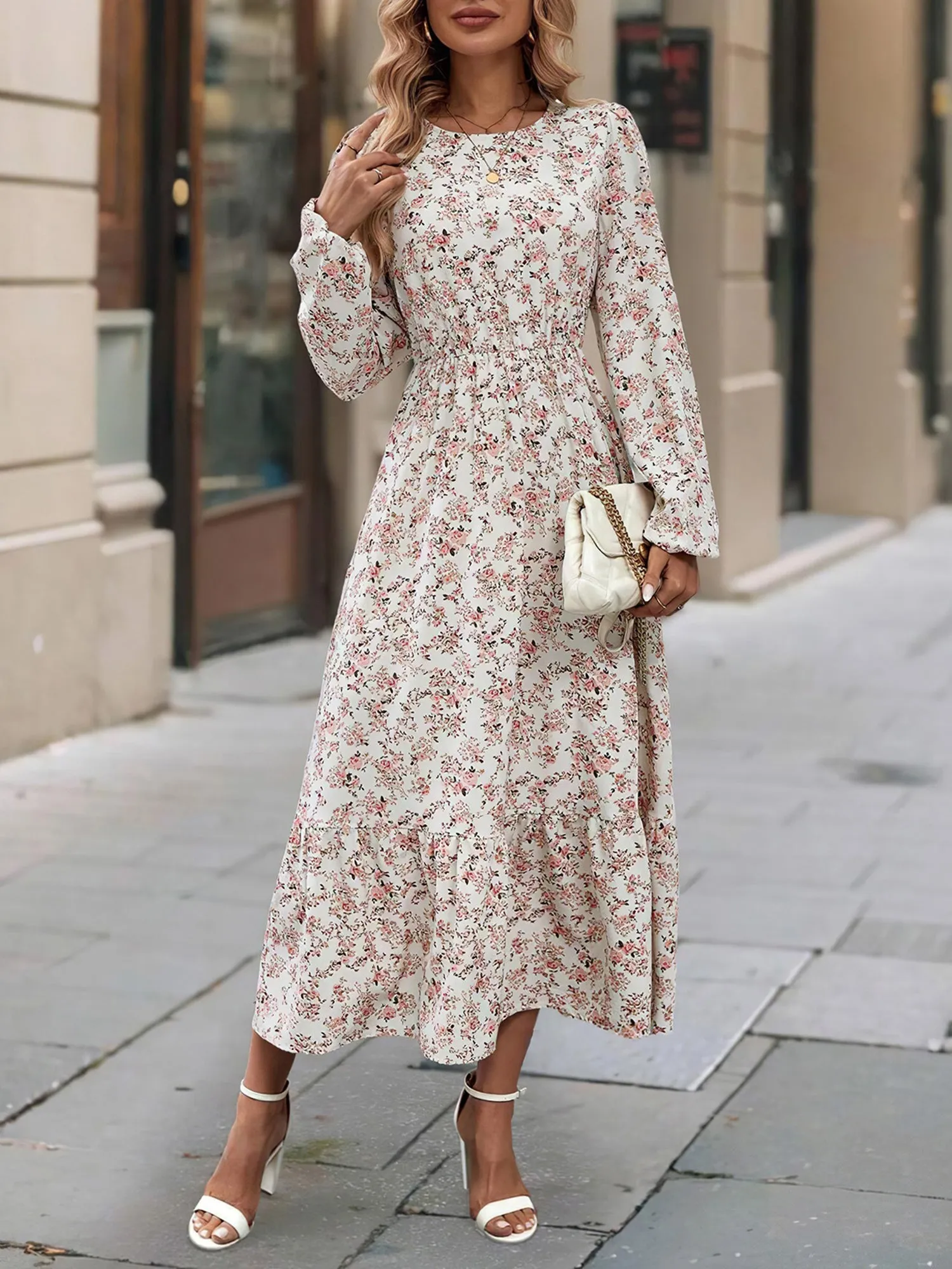 Floral Round Neck Puff Long Sleeve Midi Dress sold by Allegra K product image thumbnail 3