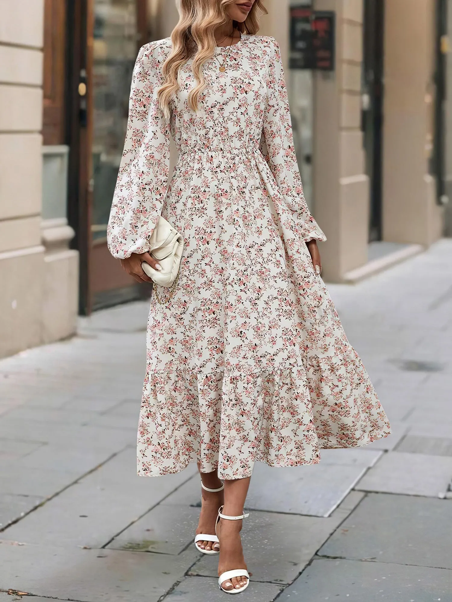 Floral Round Neck Puff Long Sleeve Midi Dress sold by Allegra K