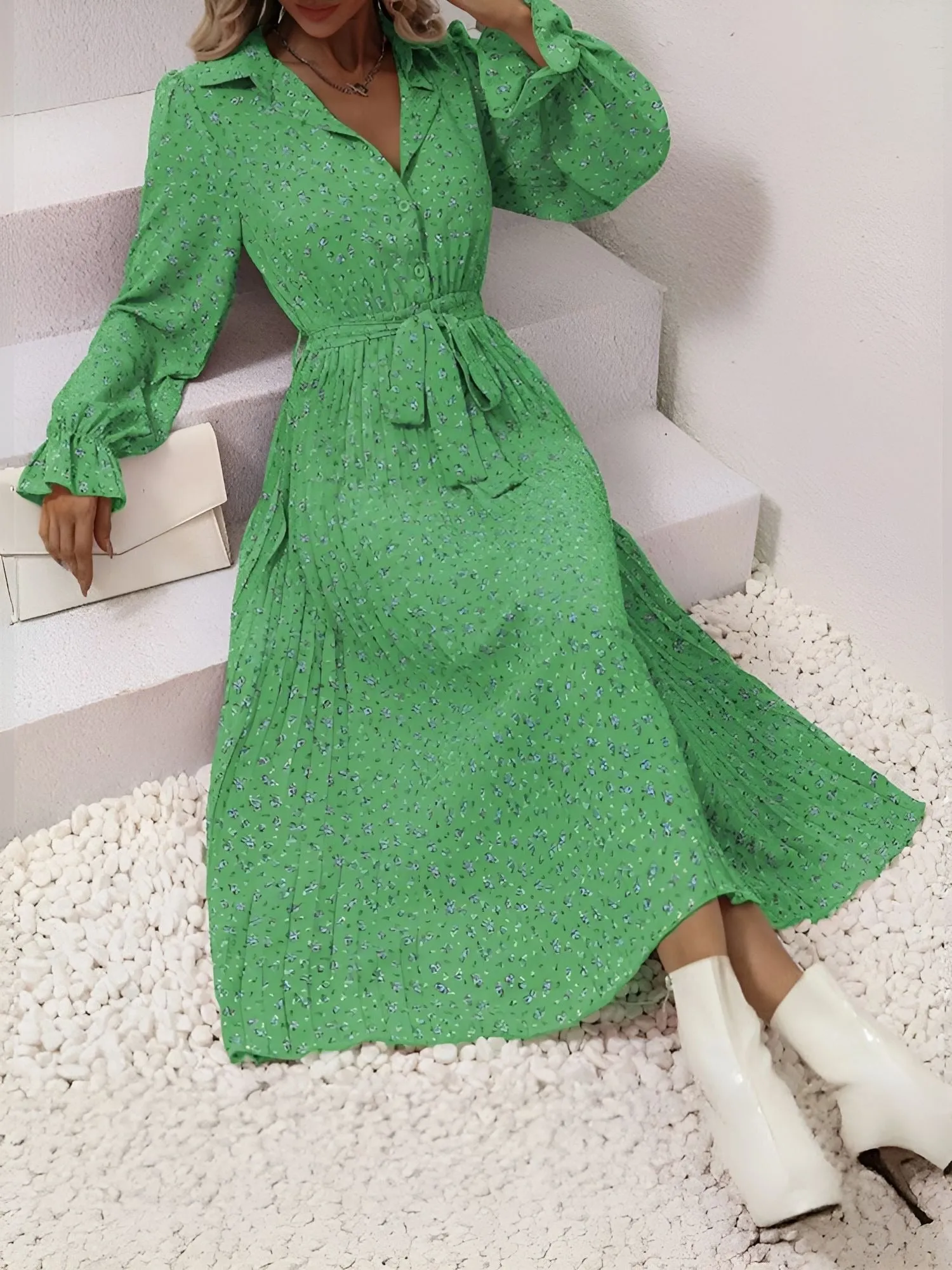 Floral Long Sleeves Pleated Midi A-Line Dress sold by Allegra K product image thumbnail 3