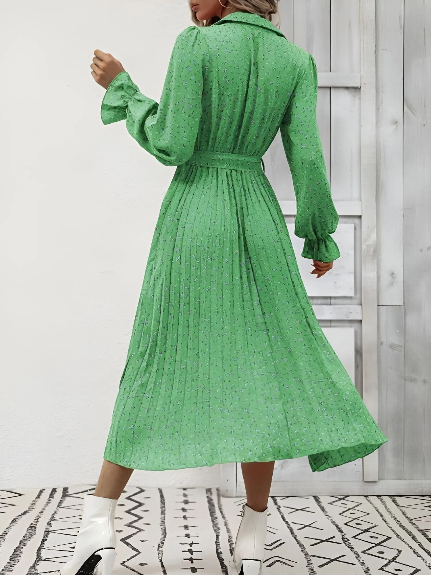 Floral Long Sleeves Pleated Midi A-Line Dress sold by Allegra K product image thumbnail 2